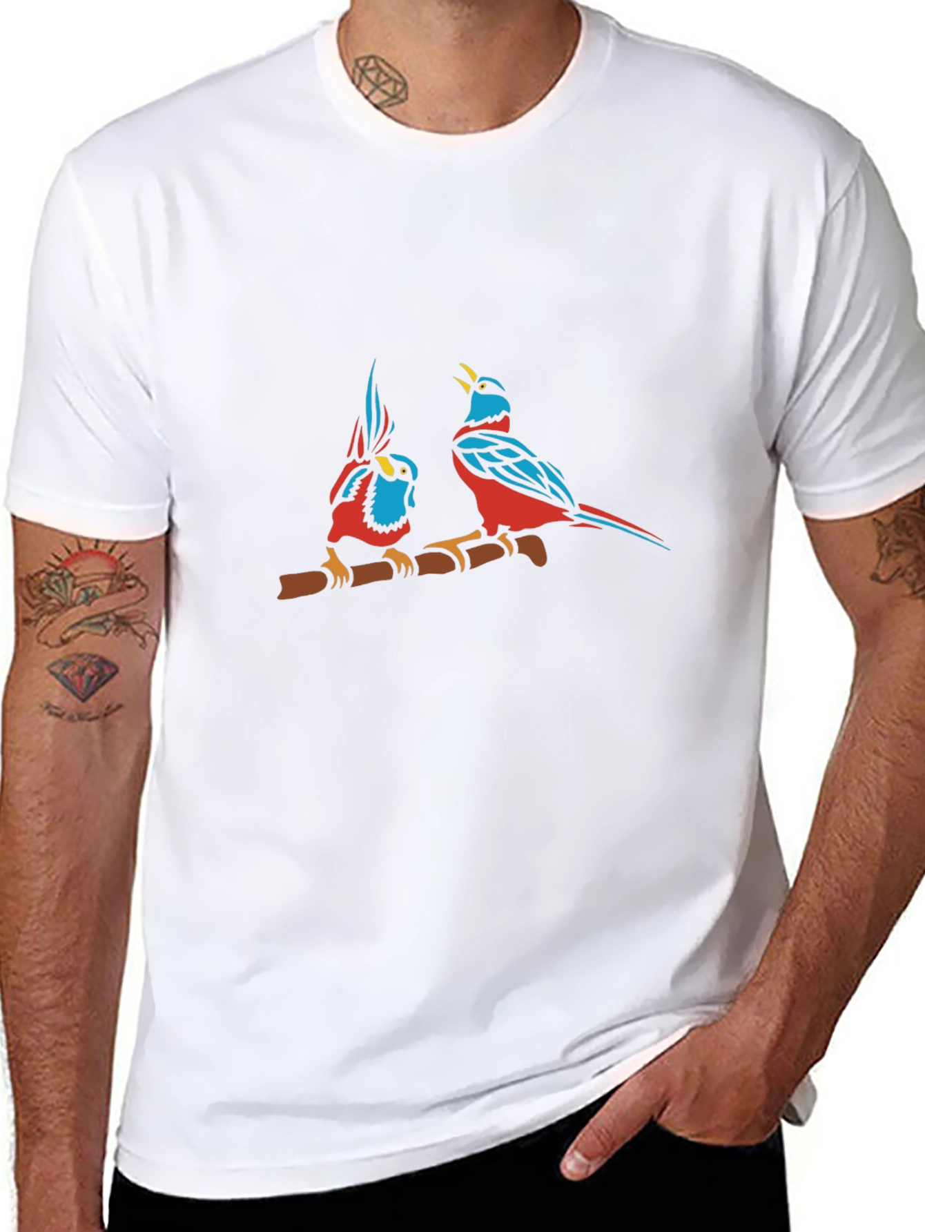 Bird Print Black Cotton T-Shirt