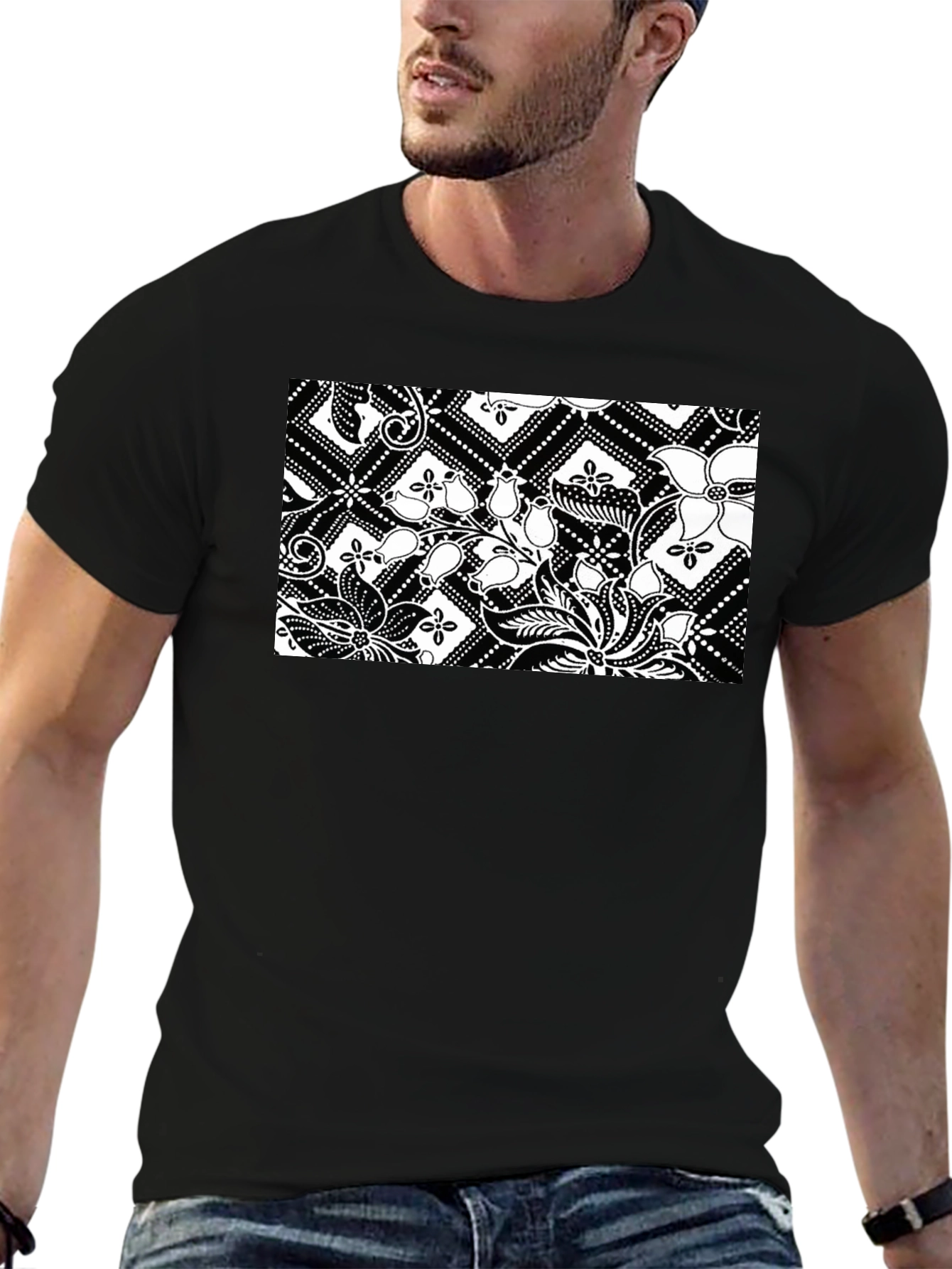 Black T-Shirt with Floral Pattern