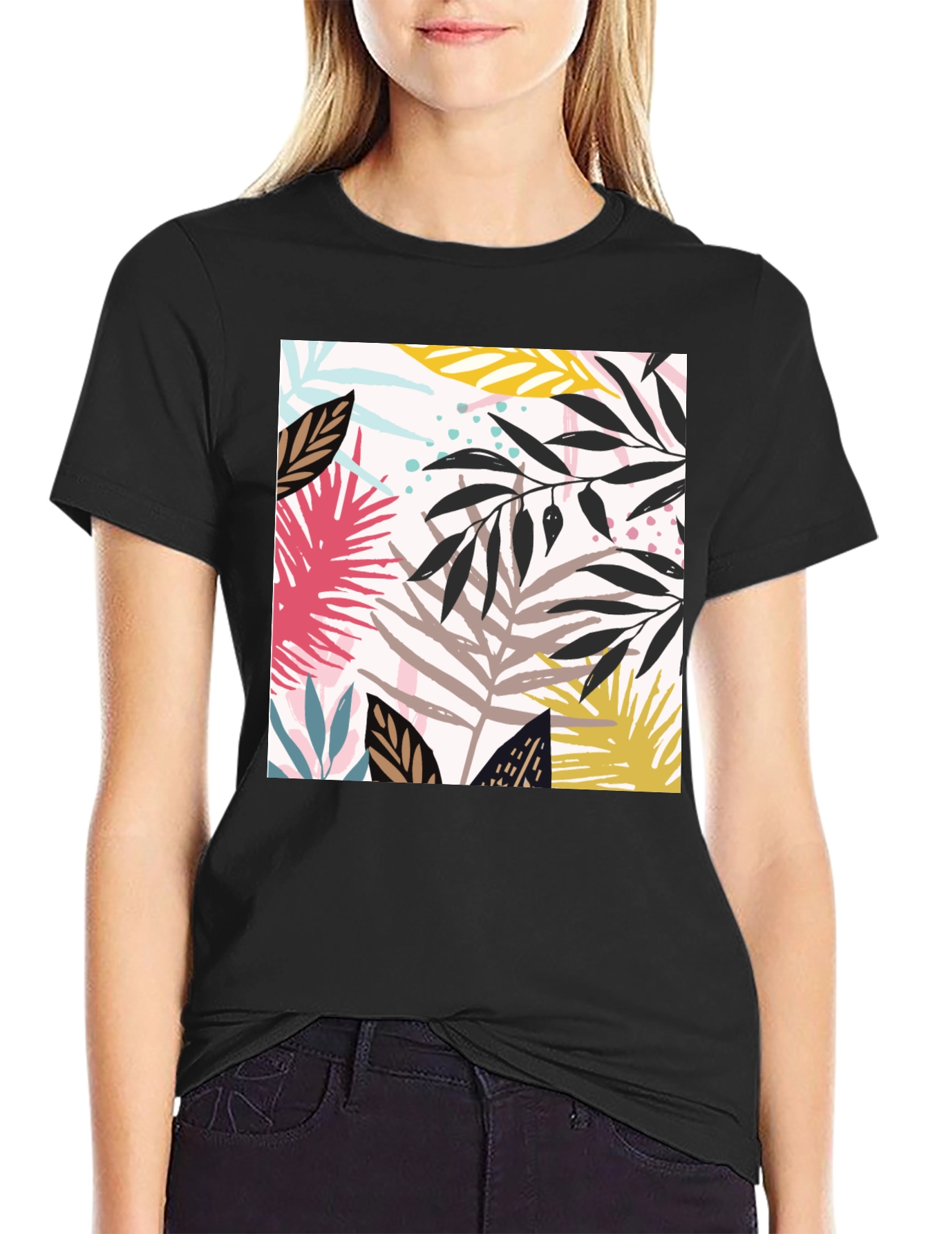 Tropical Leaf Print Black T-Shirt for Men