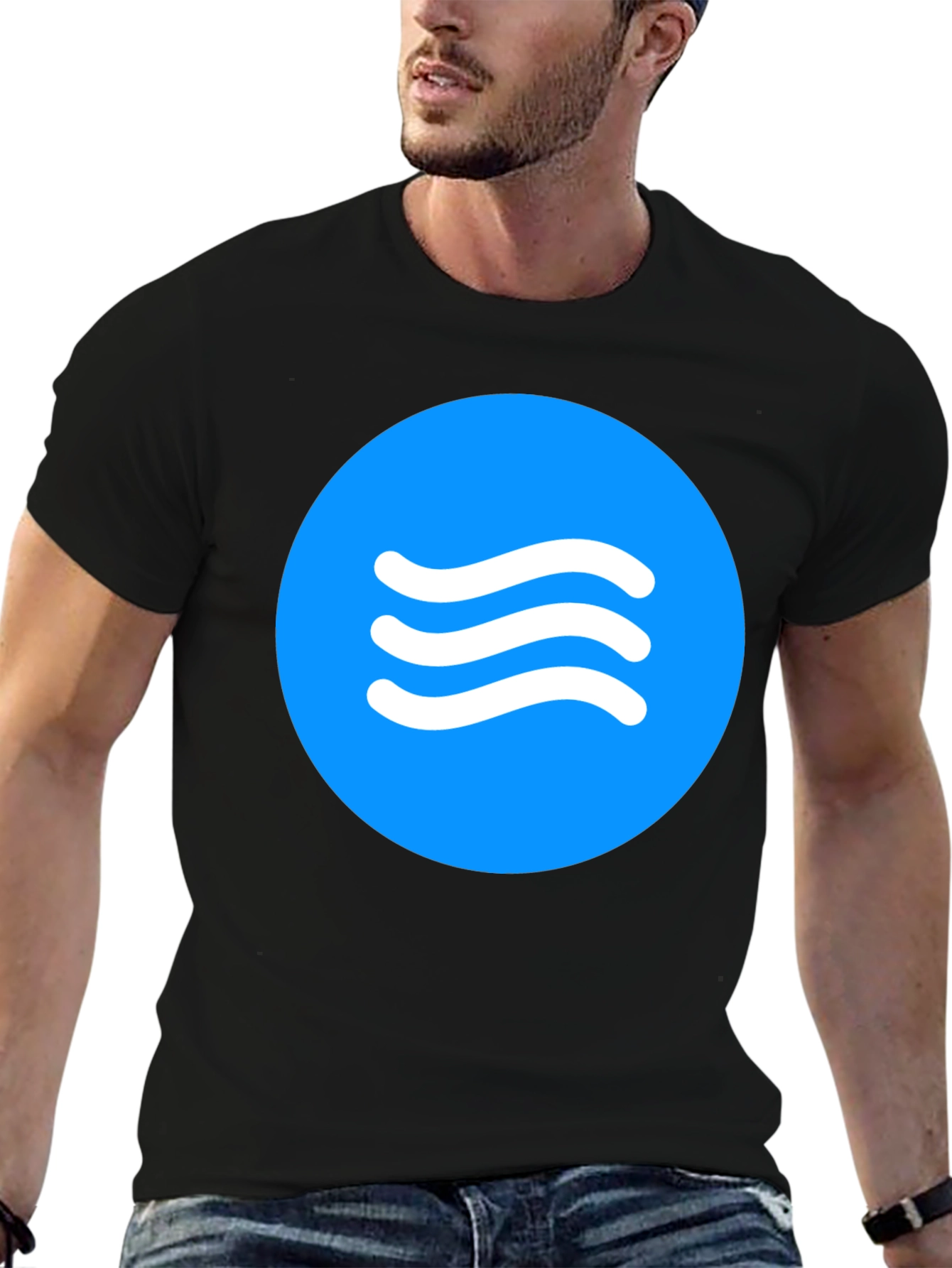 Blue Circle Waves Graphic Black T-Shirt