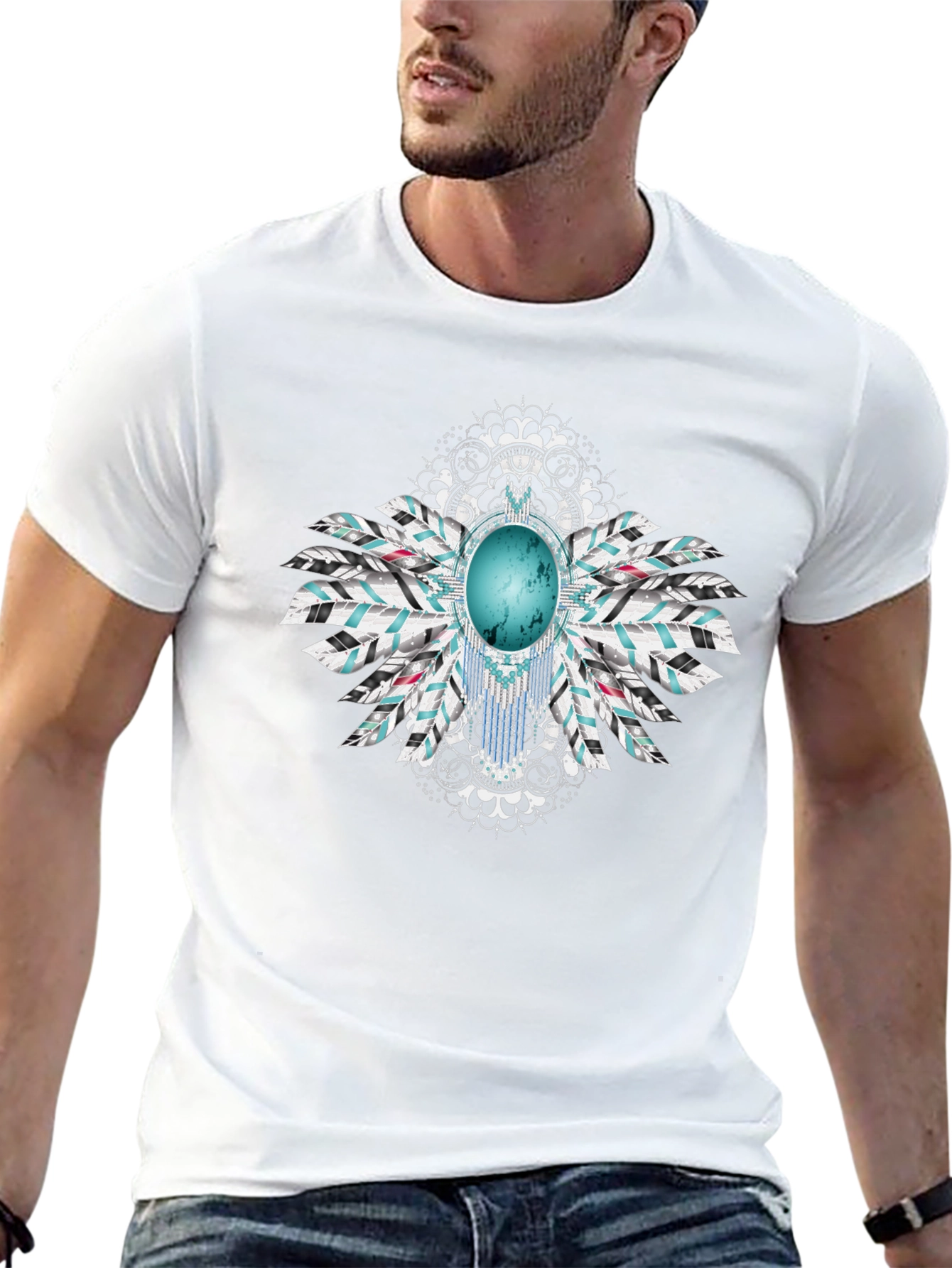 Turquoise Stone Feather Graphic Black T-Shirt