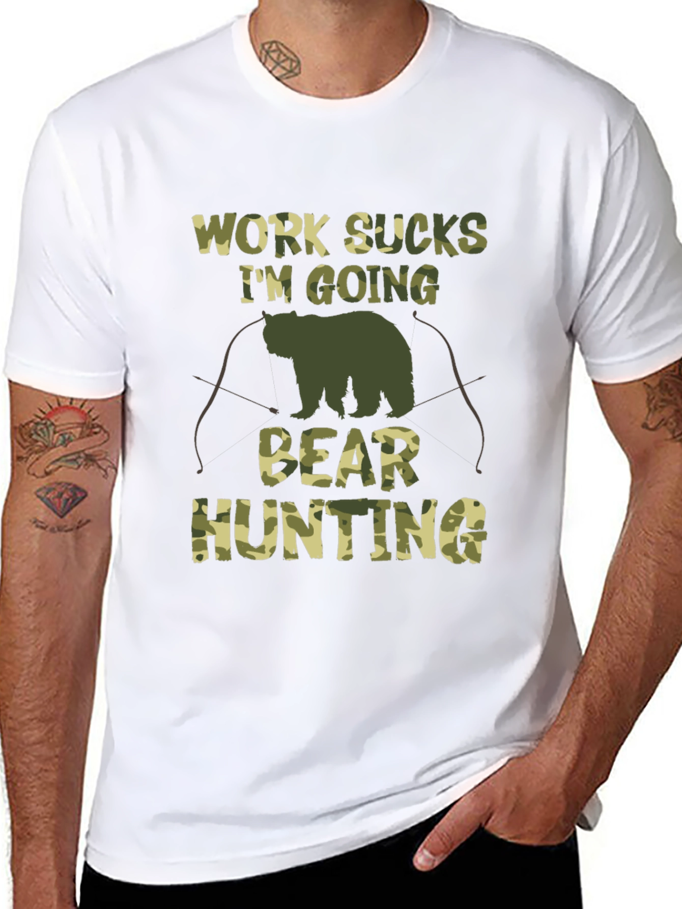 Work Sucks Bear Hunting Camo Graphic T-Shirt