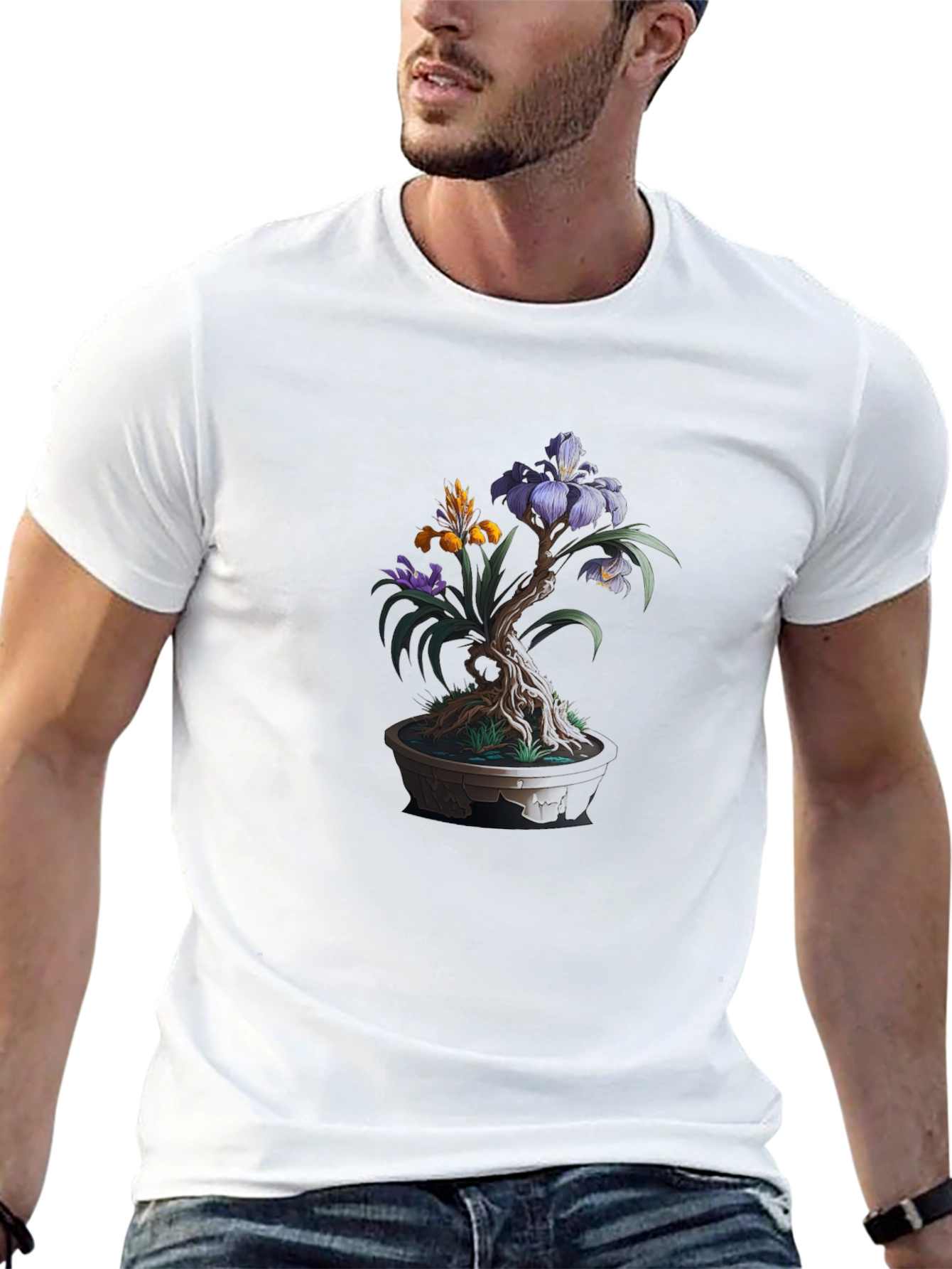 Bonsai Flower Graphic Tee - Artistic Mens Black T-Shirt