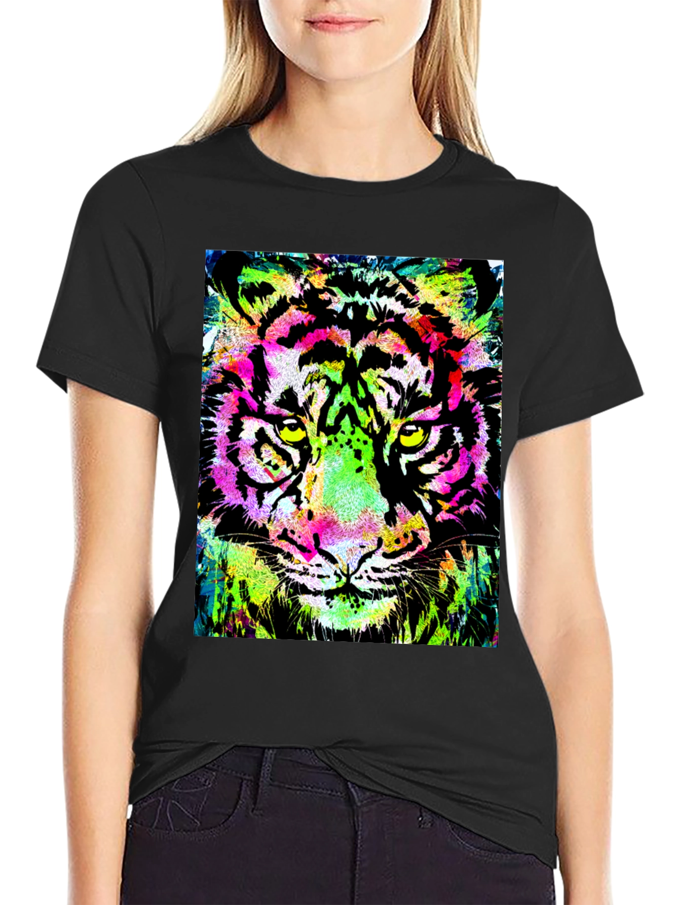 Vibrant Tiger Graphic Print Black T-Shirt