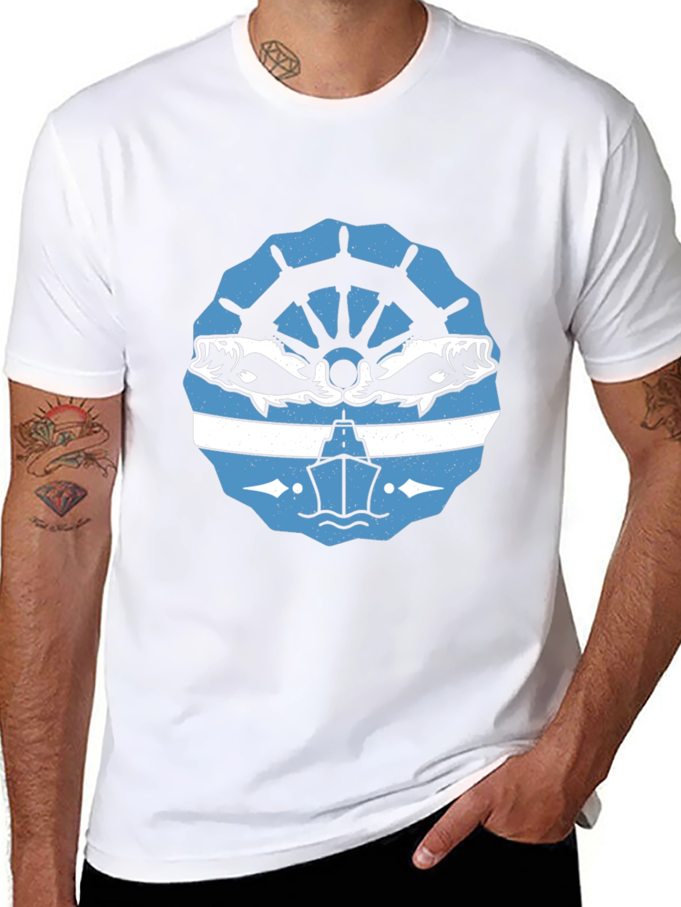 Nautical Black T-Shirt with Boat and Fish Design