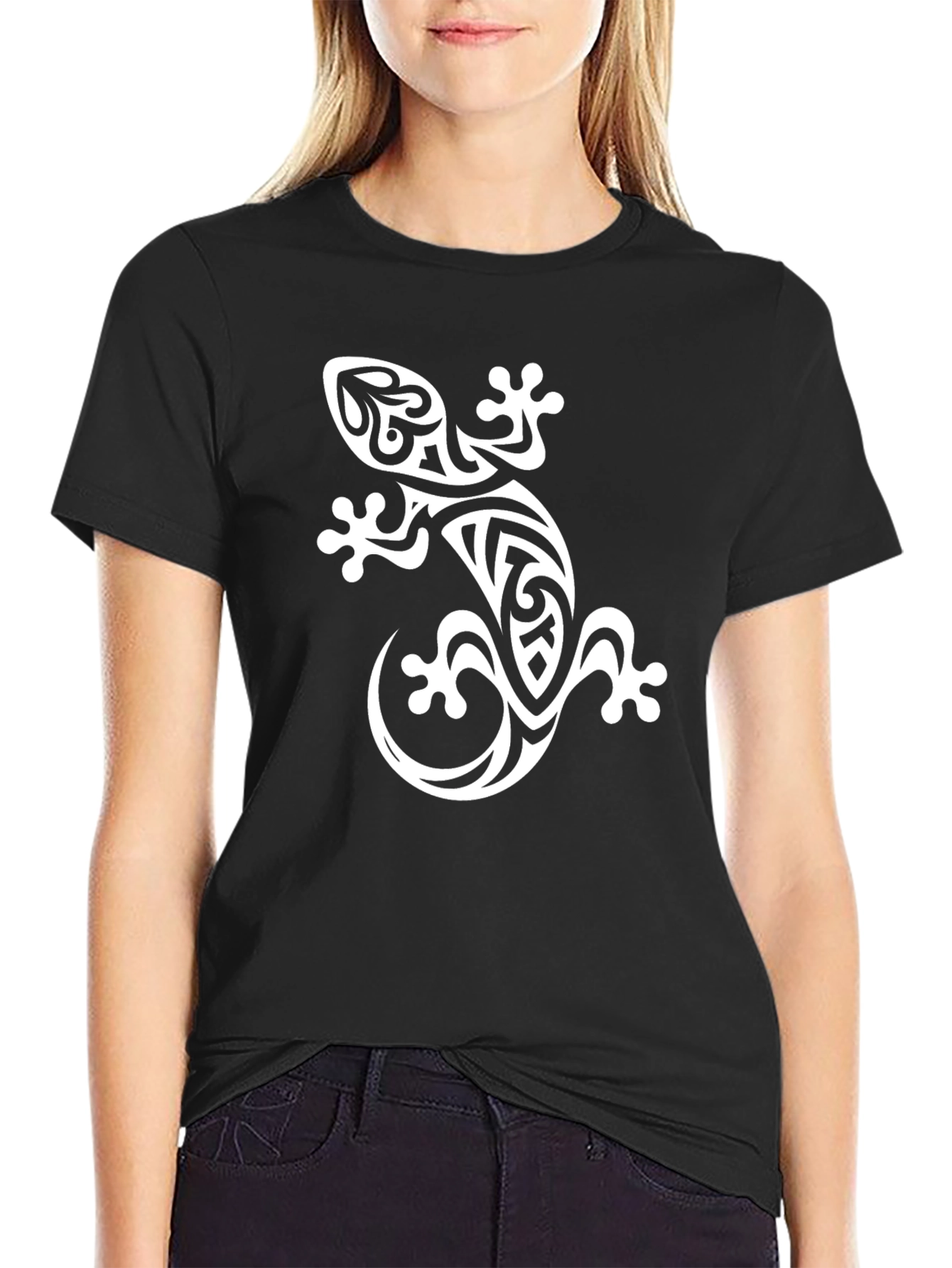 Tribal Gecko Graphic Print Black T-Shirt