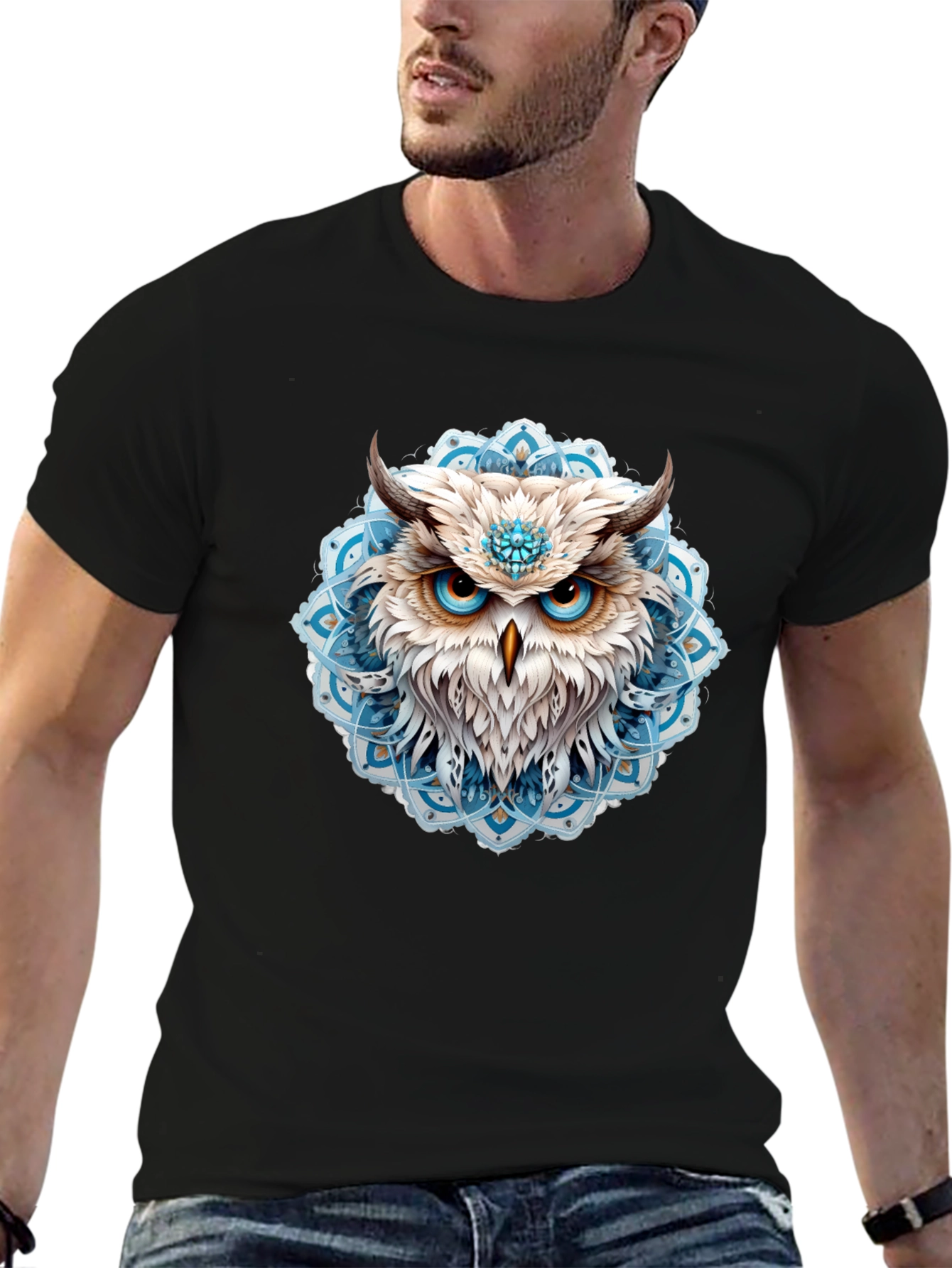 Owl Mandala Graphic Print Black T-Shirt