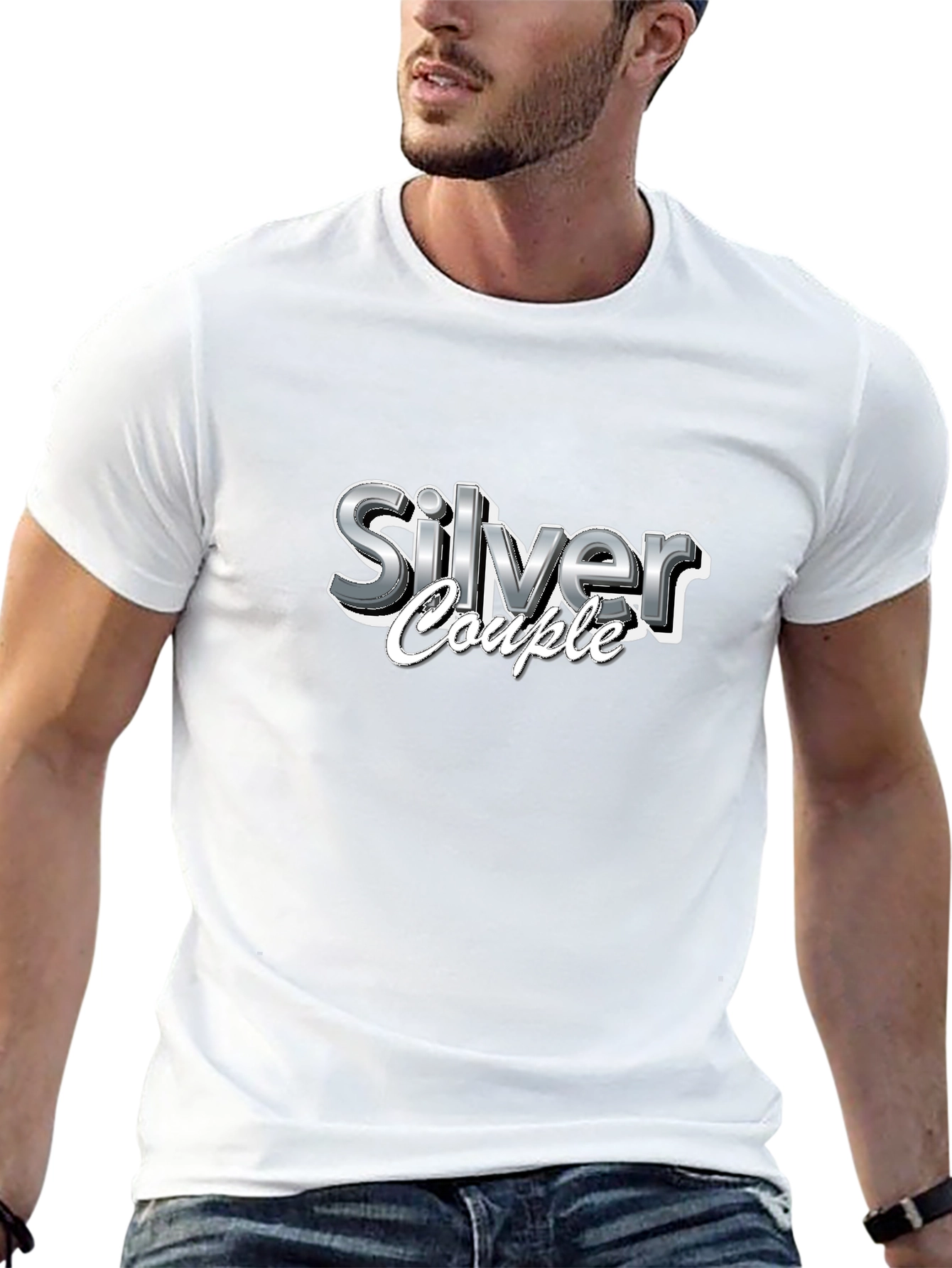 Silver Couple Graphic Print Black T-Shirt