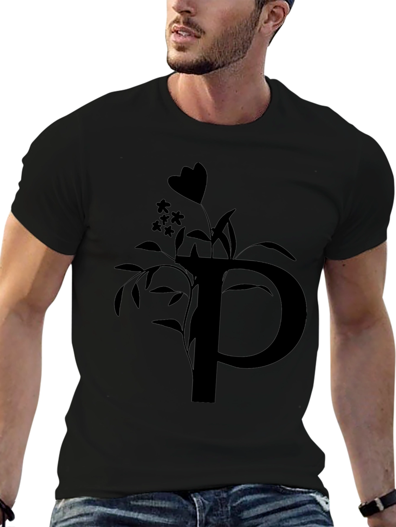 Black T-Shirt with Floral P Initial