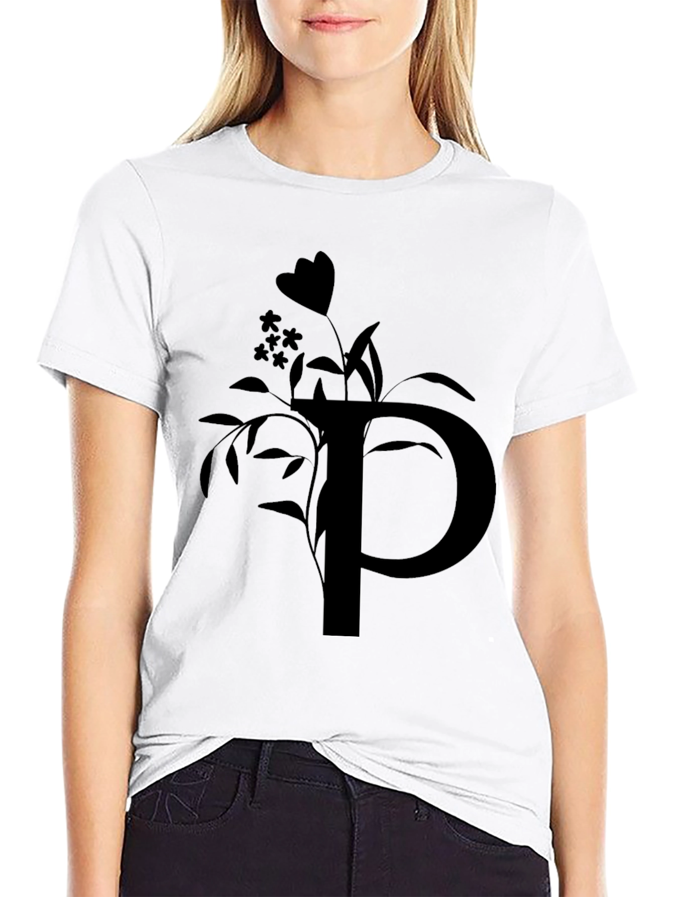 Black T-Shirt with Floral P Initial