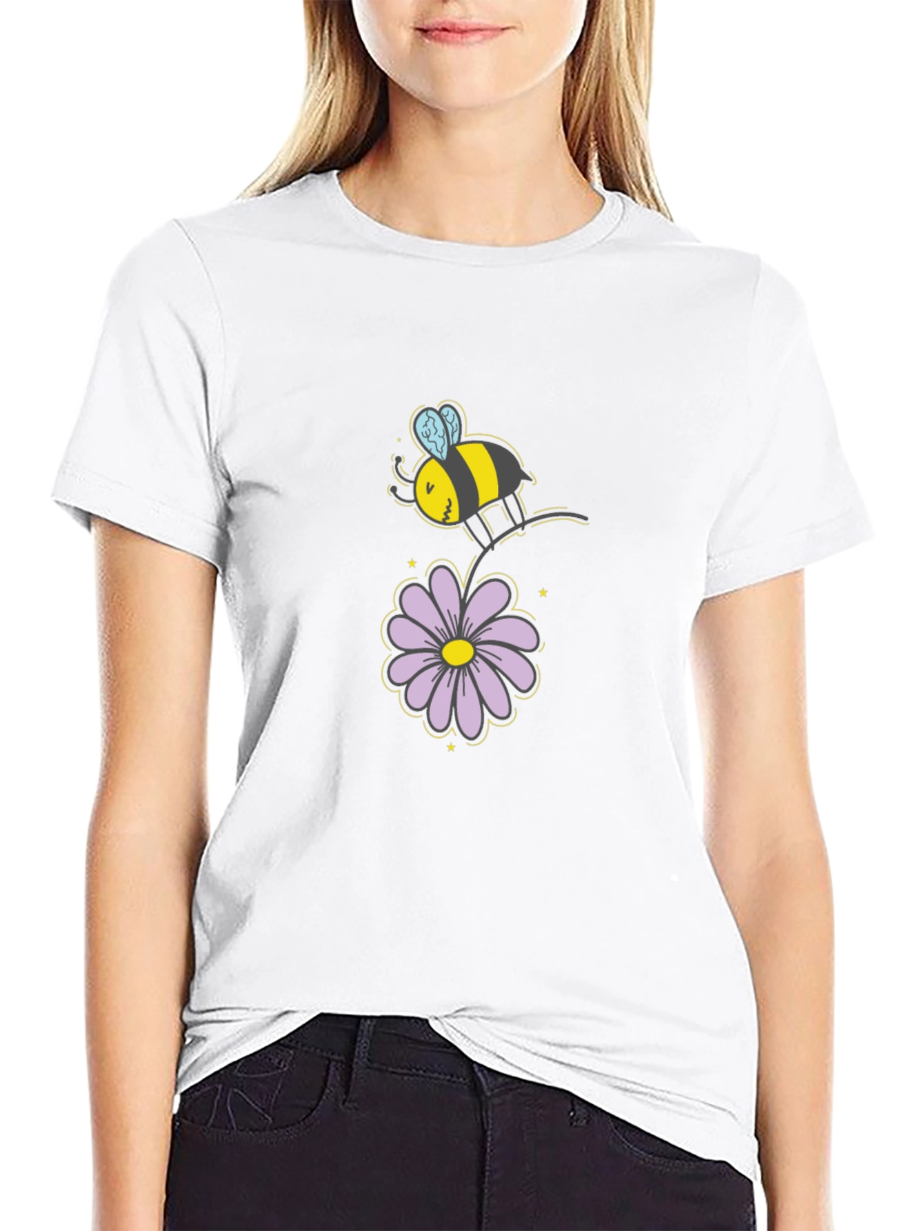 Bee and Flower Graphic T-Shirt - Black