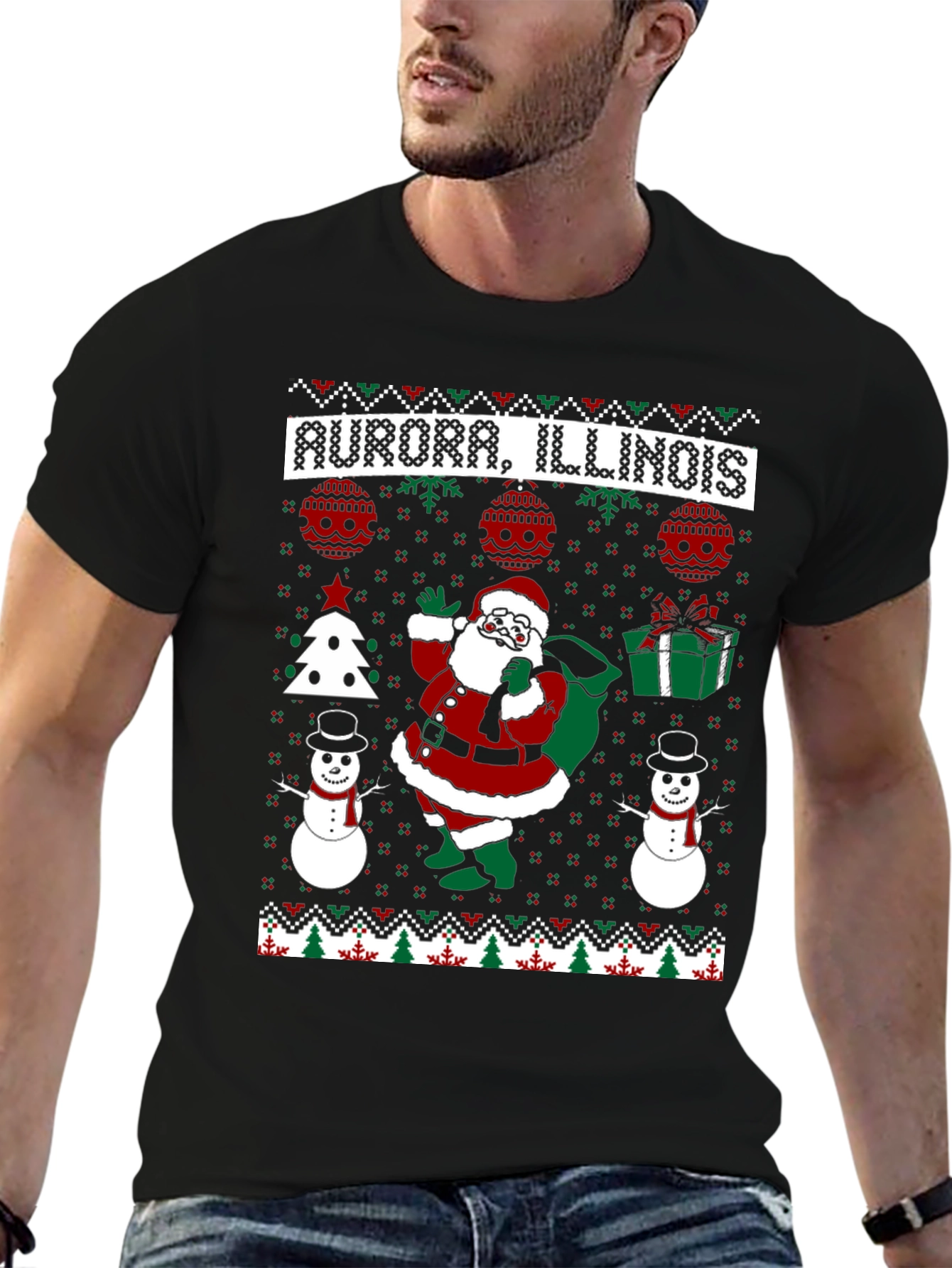 Aurora Illinois Ugly Christmas Santa T-Shirt