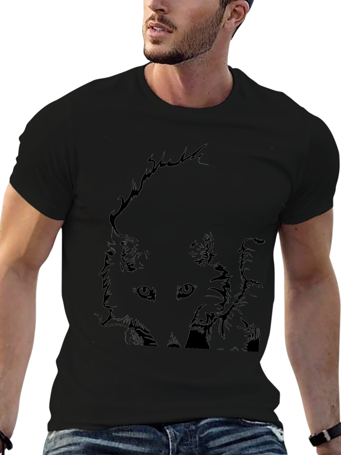 Black T-Shirt with Fox Graphic Print for Men