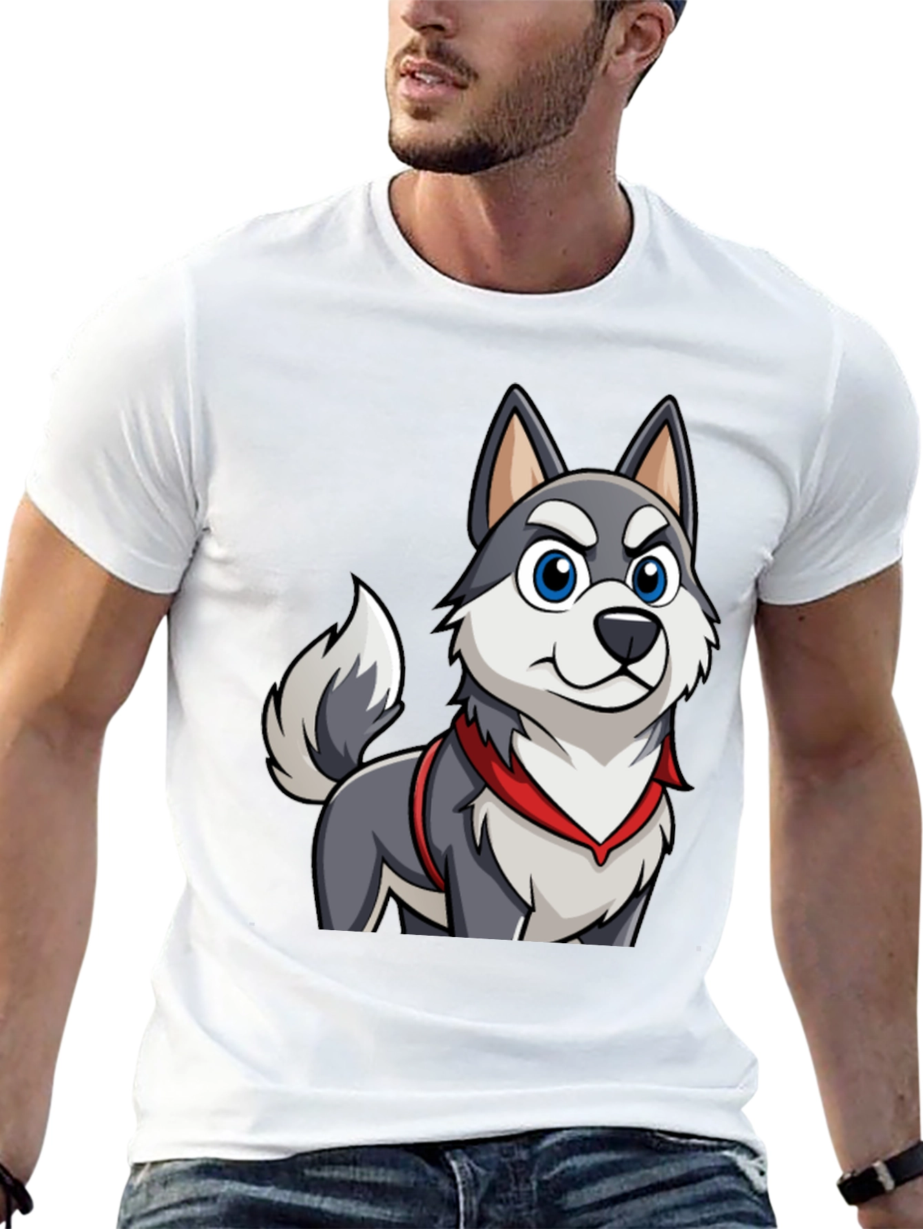 Cartoon Husky Dog Graphic Tee - Mens Black T-Shirt
