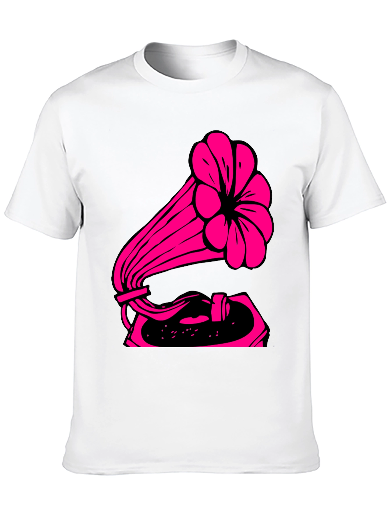 Retro Pink Gramophone Black Tee - Classic Music Vibe