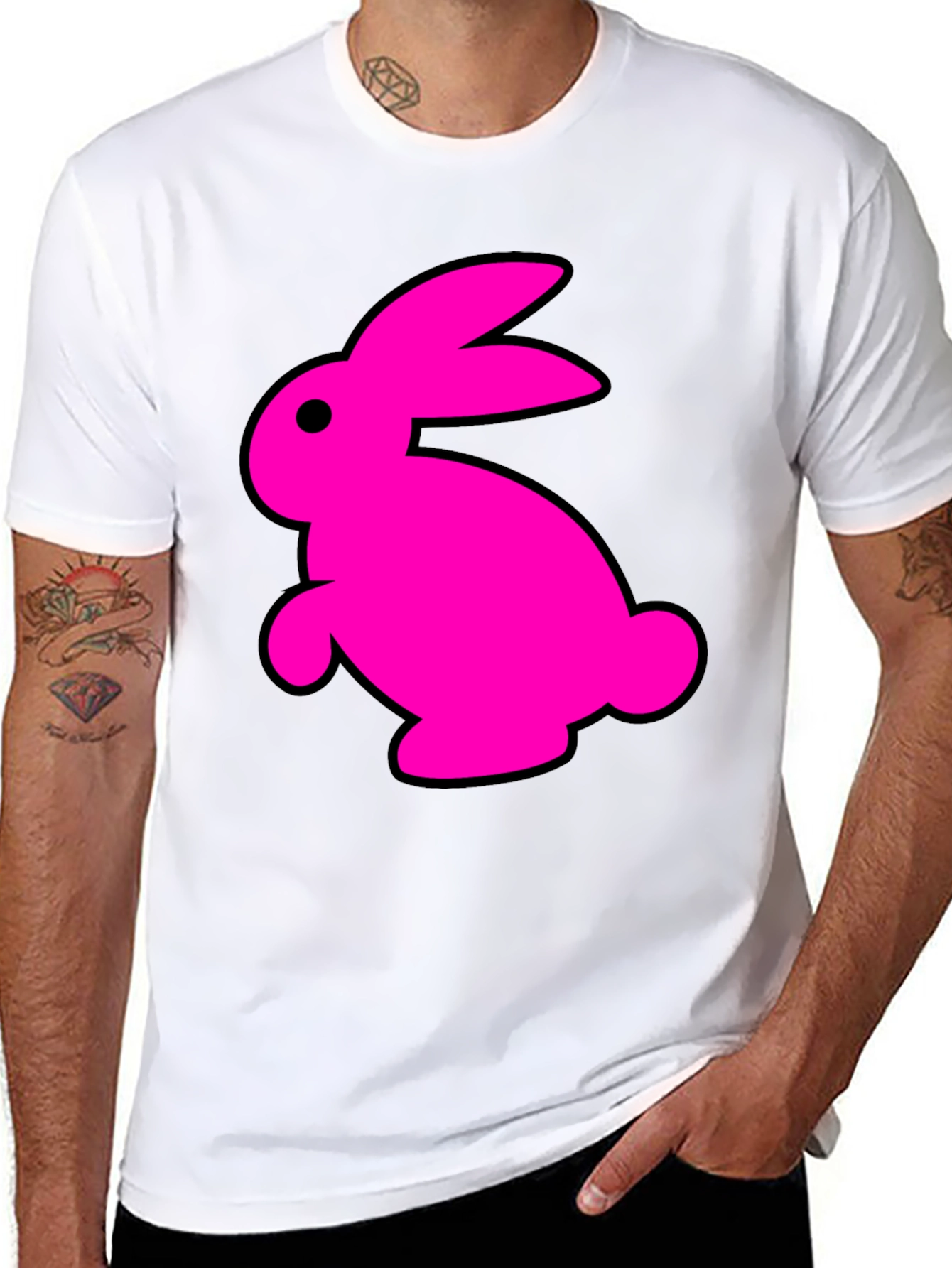 Black T-Shirt with Fun Pink Rabbit Graphic