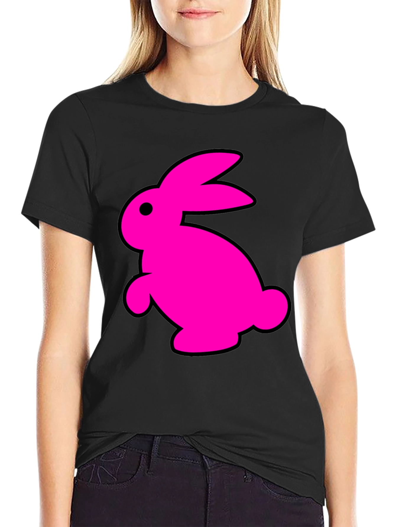 Black T-Shirt with Fun Pink Rabbit Graphic