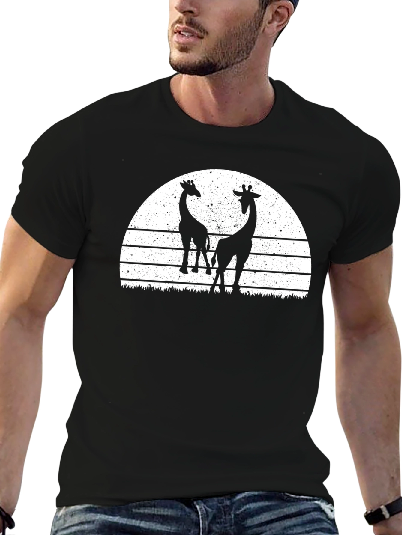 Giraffe Silhouette Sunset Graphic Tee - Black