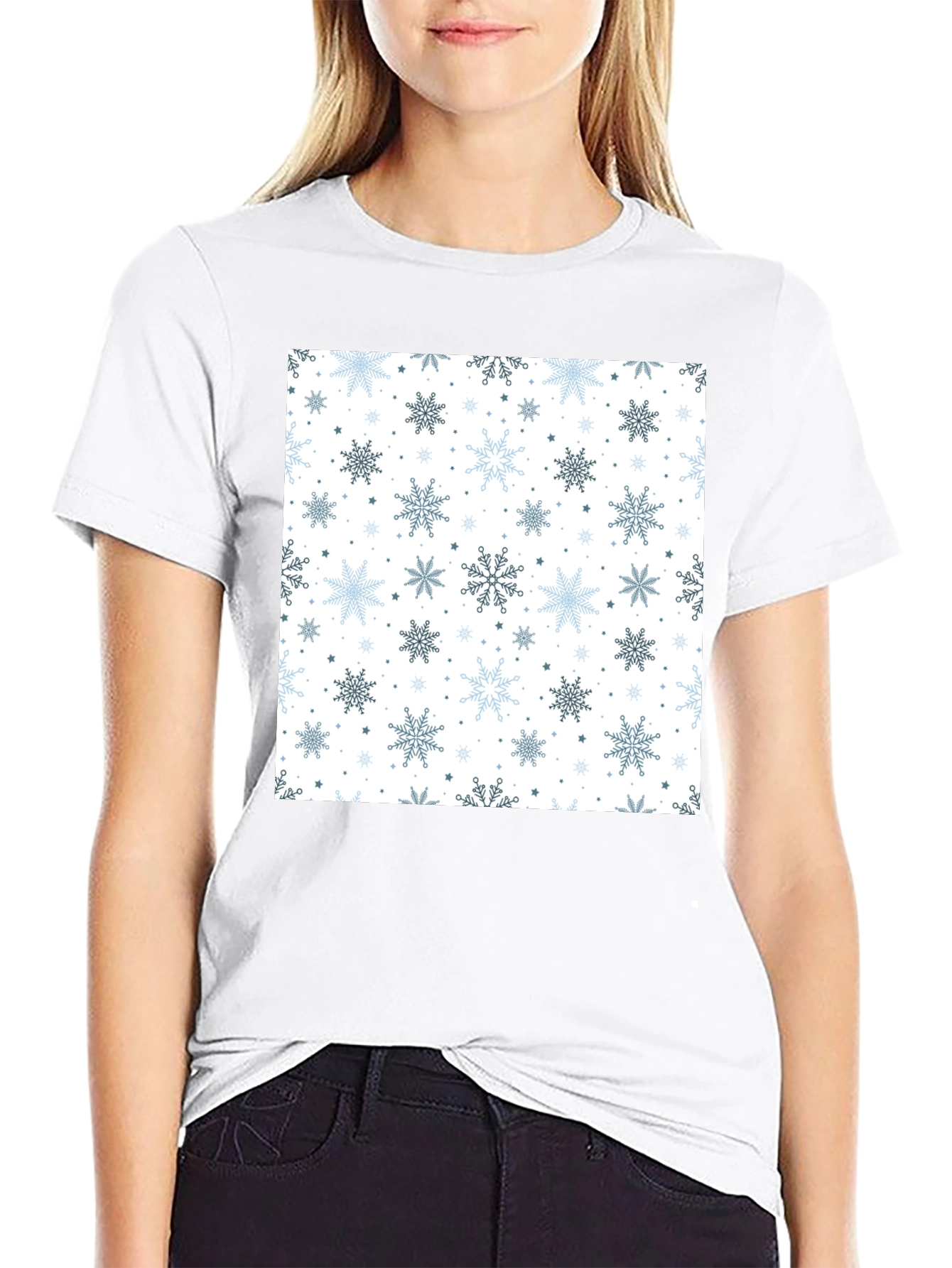 Winter Snowflake Pattern Black T-Shirt