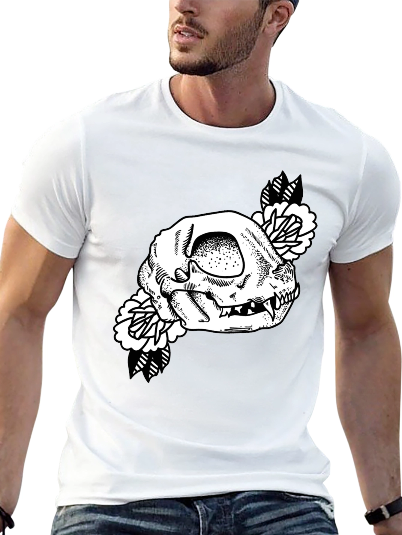 Skull Floral Graphic Tee - Black Cotton T-Shirt