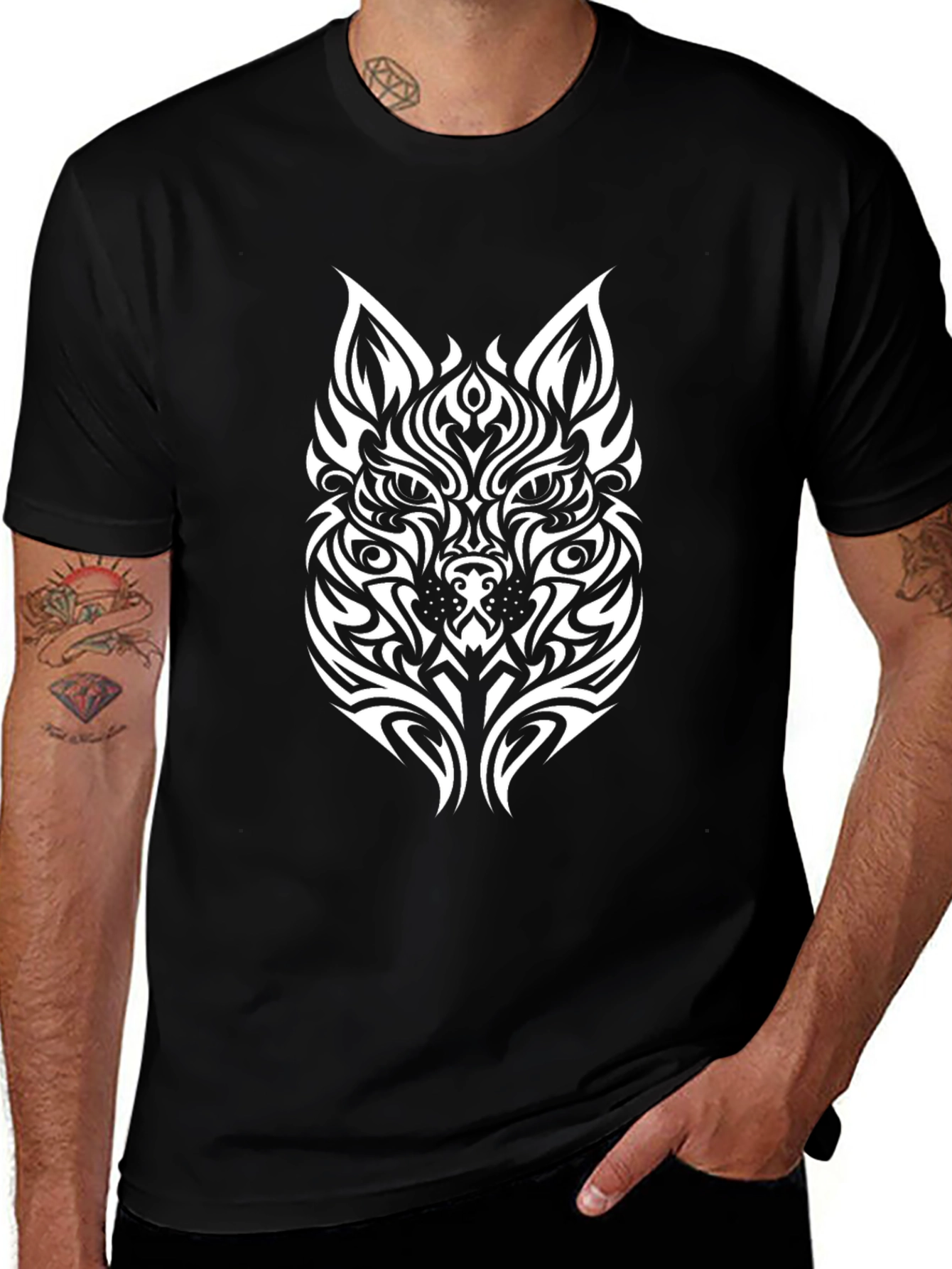 Tribal Wolf Graphic Tee - Black