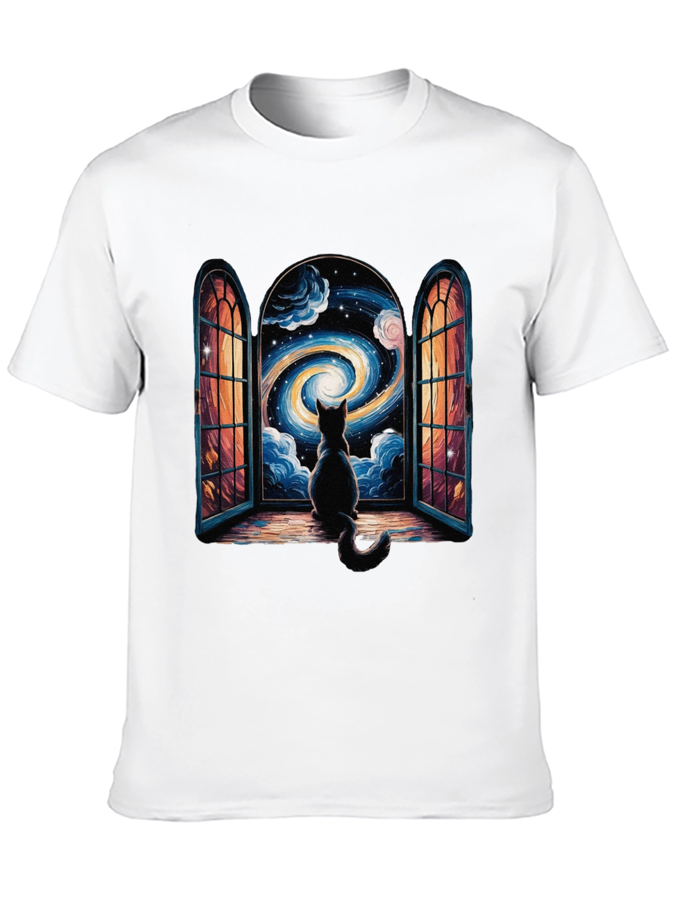 Cat Stargazing T-Shirt - Celestial Window Design