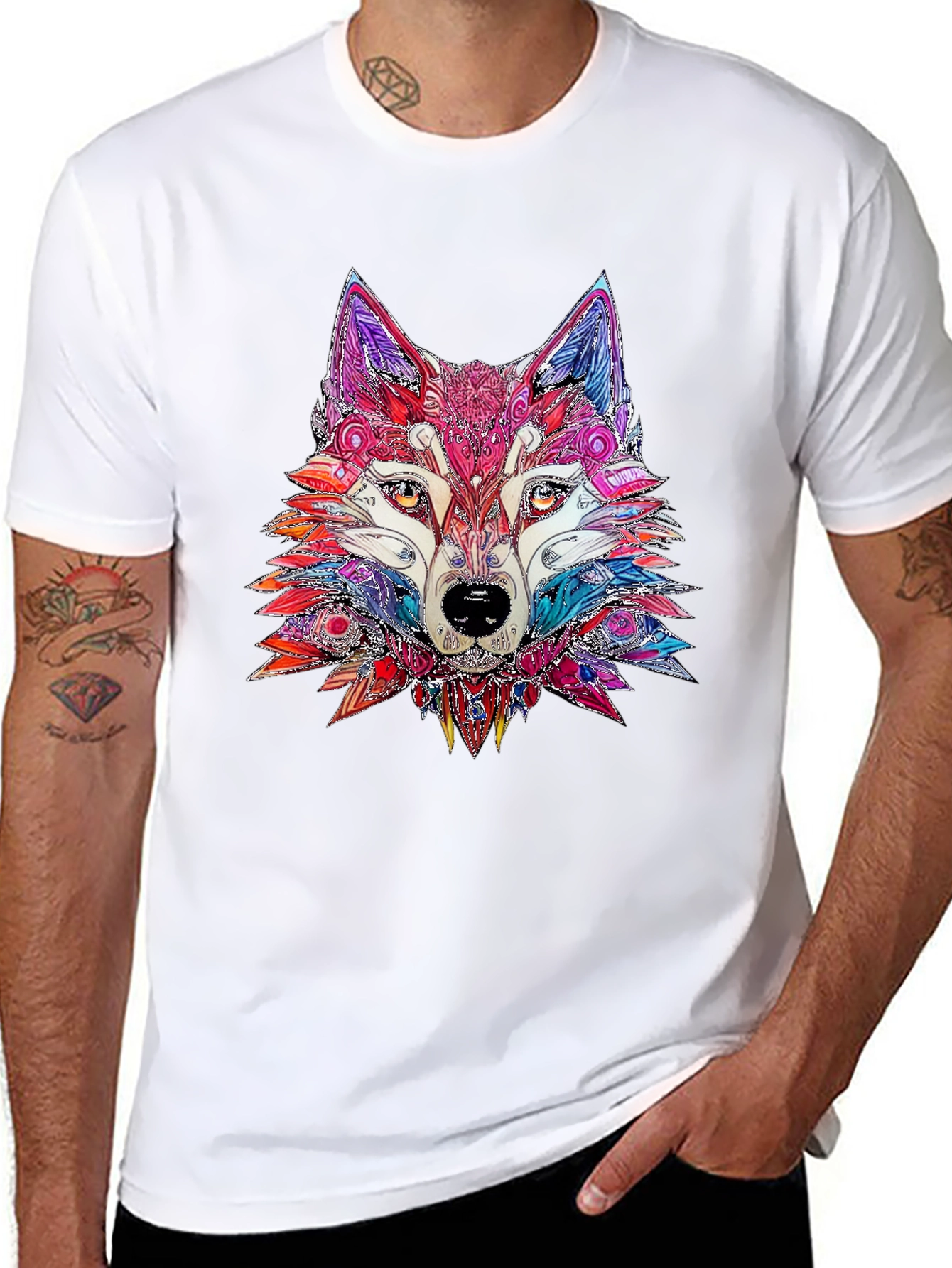 Abstract Wolf Graphic Print Black T-Shirt