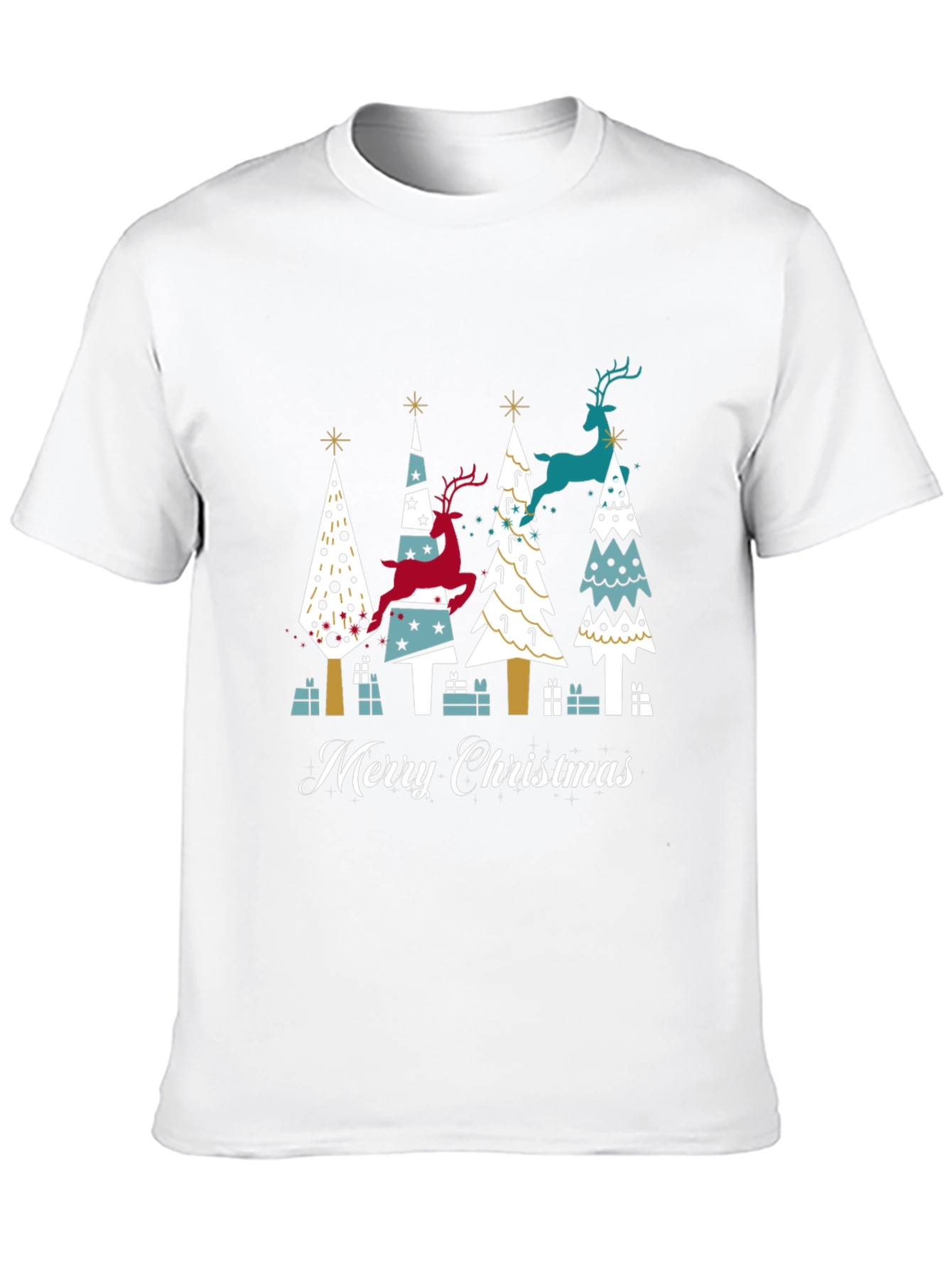 Festive Merry Christmas Tree & Reindeer Graphic Tee