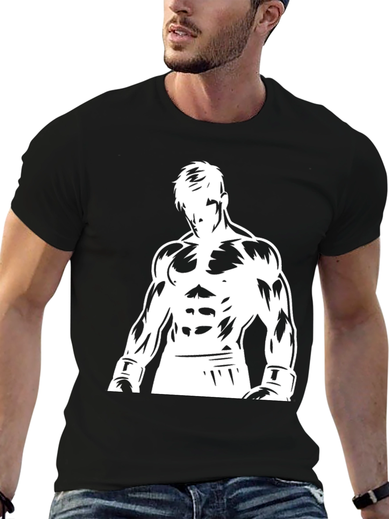 Black Graphic Tee: Boxer Silhouette Design