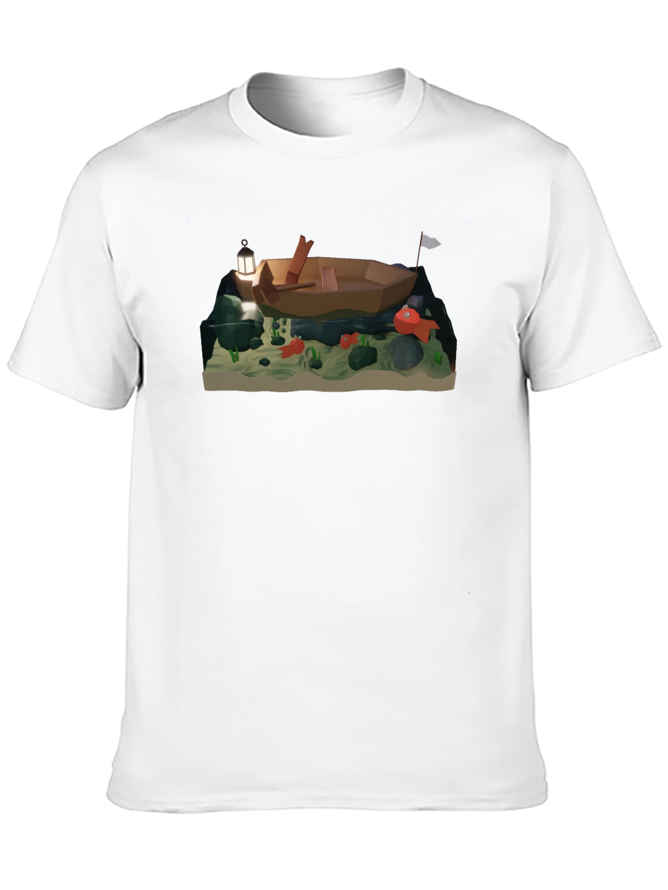 Low Poly Boat & Fish Graphic T-Shirt