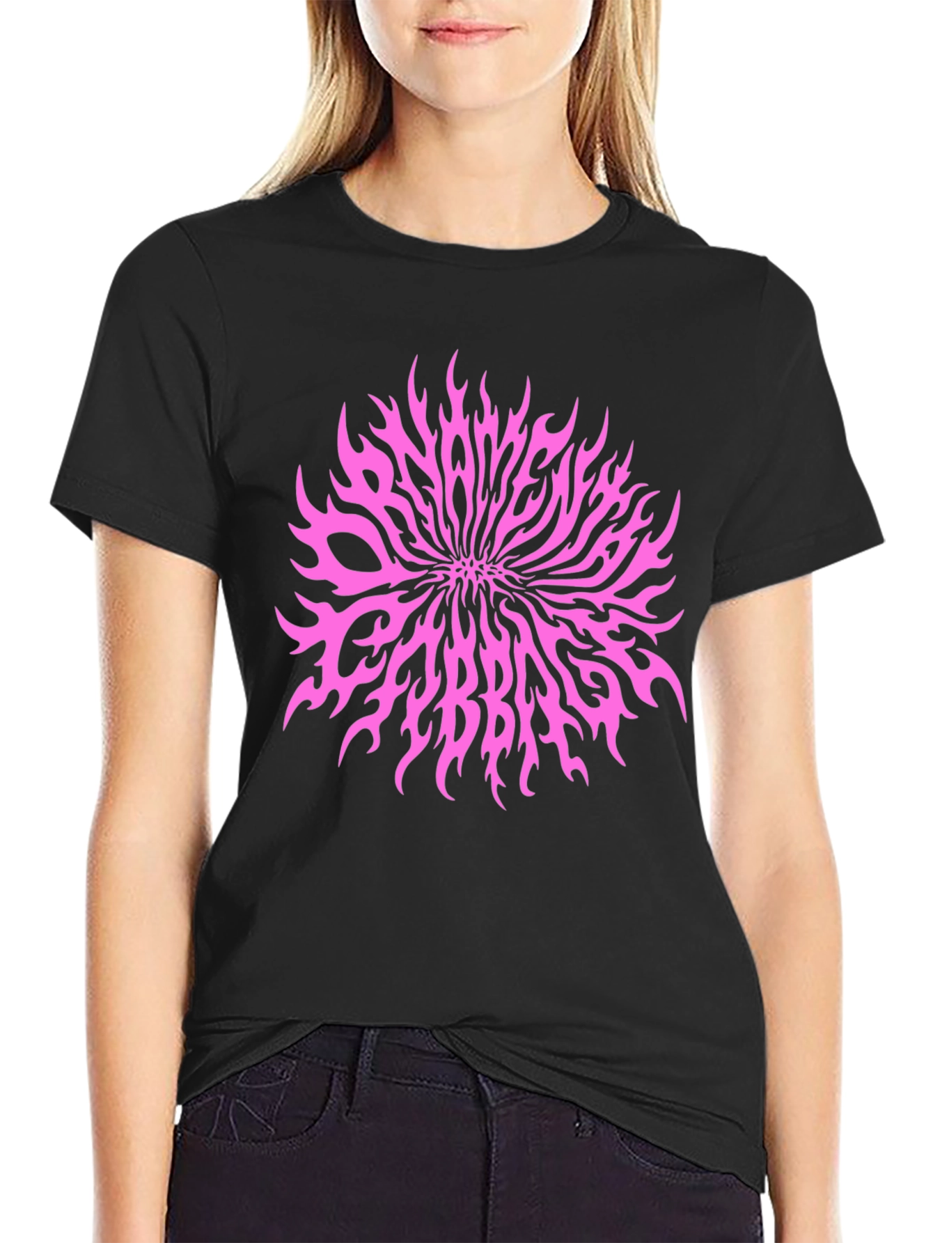 Black T-Shirt with Pink Slaves Cabbage Graphic
