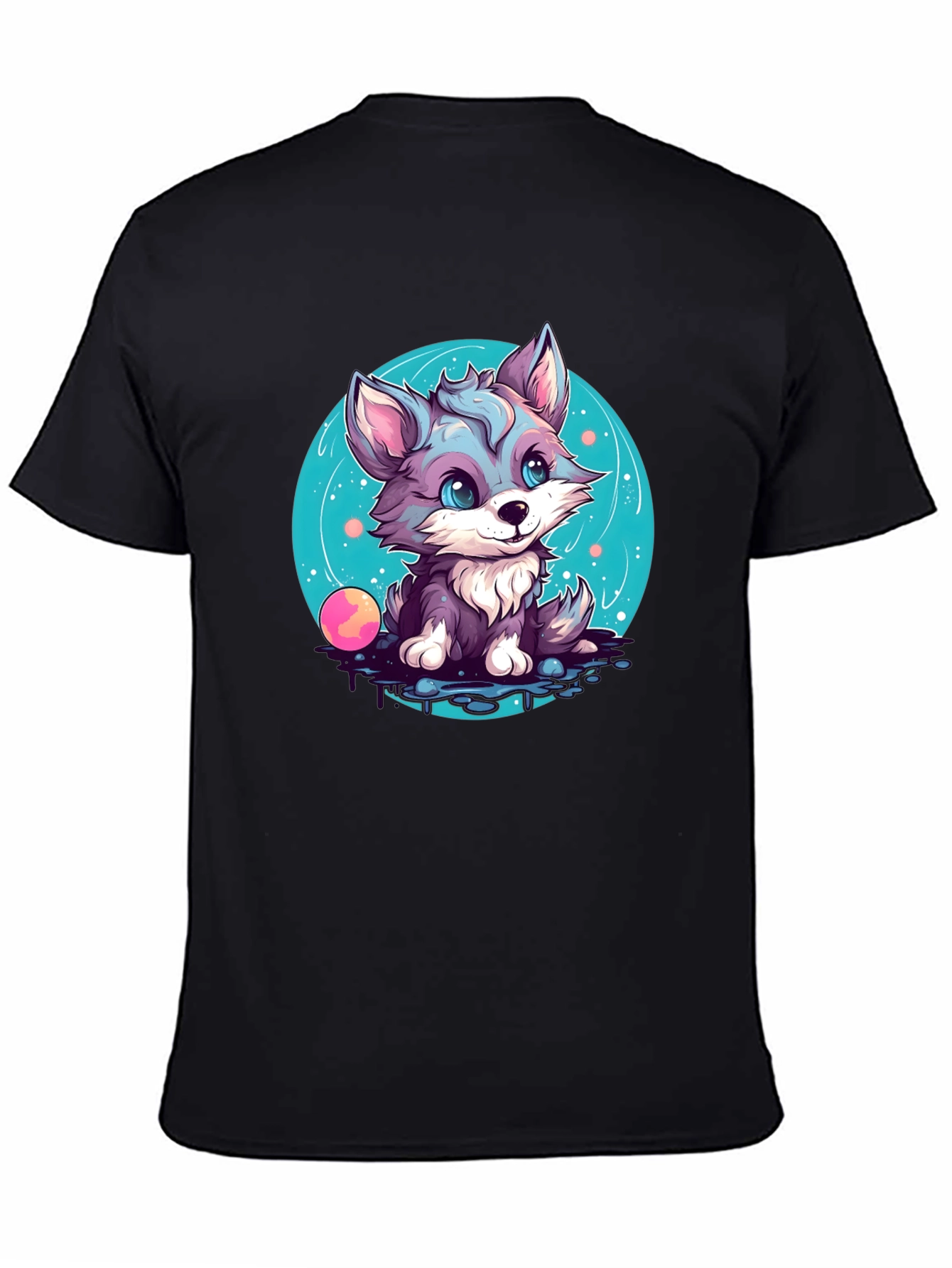 Cute Wolf Pup Graphic Tee - Black Cotton