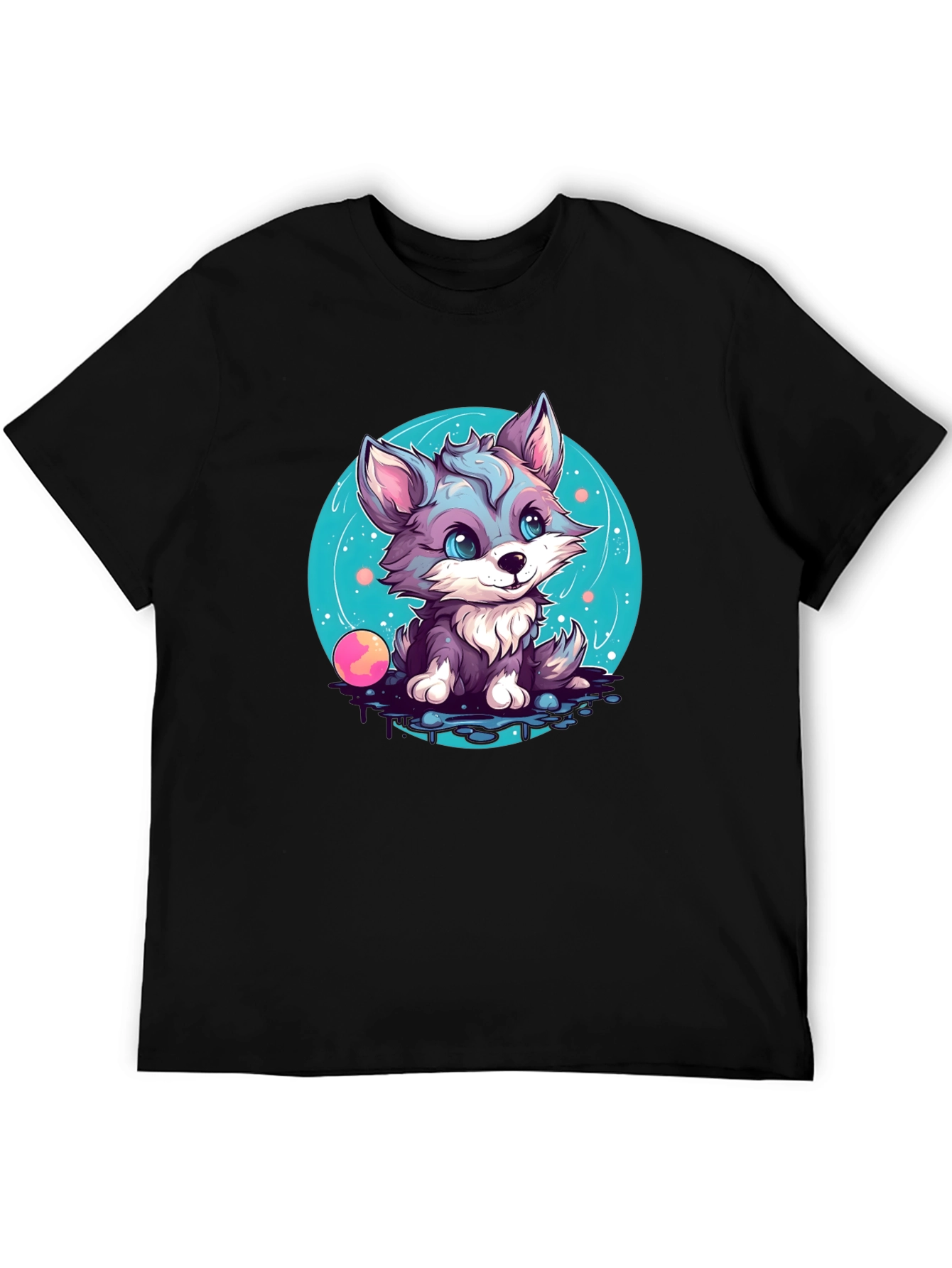 Cute Wolf Pup Graphic Tee - Black Cotton