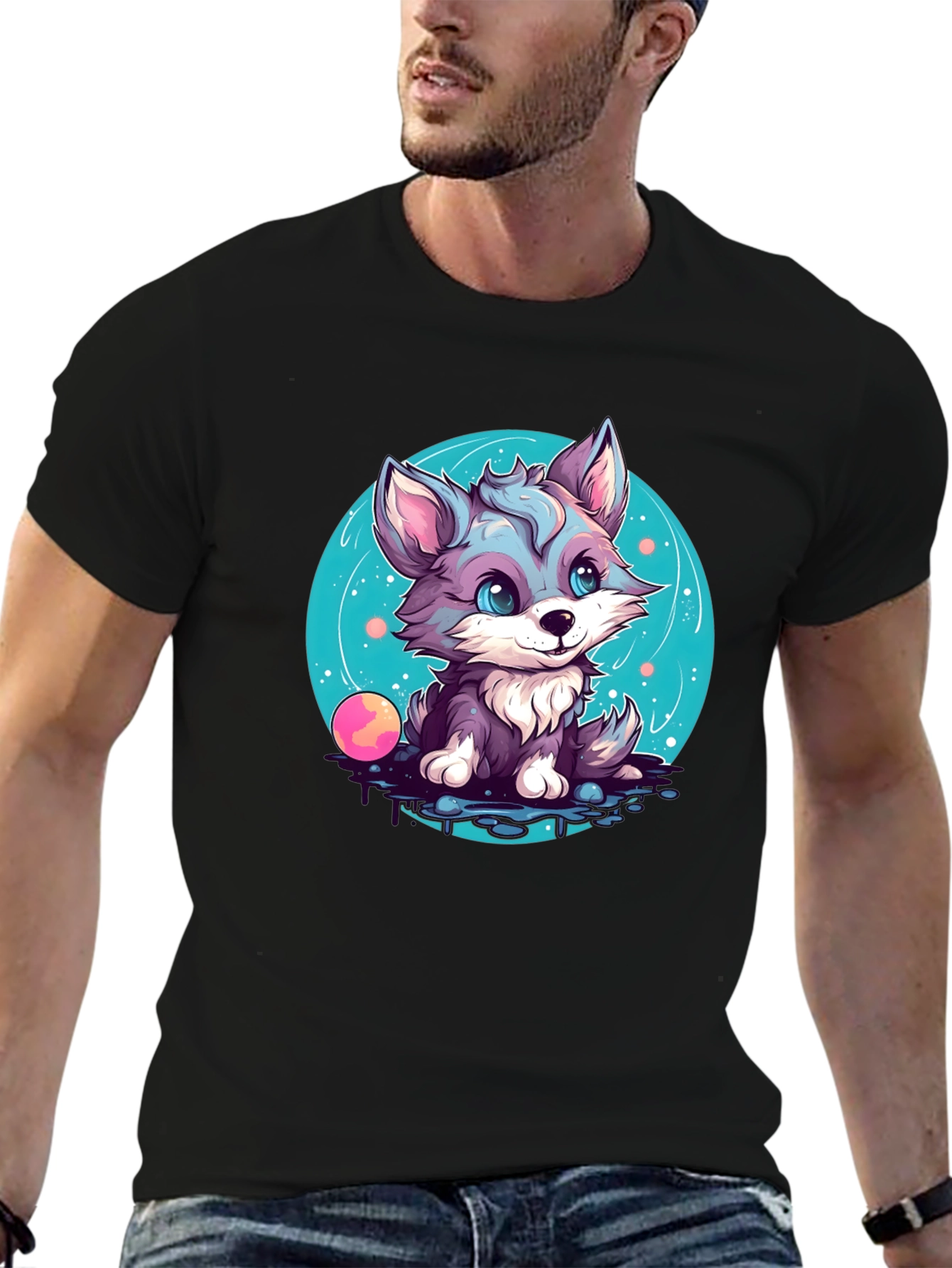 Cute Wolf Pup Graphic Tee - Black Cotton