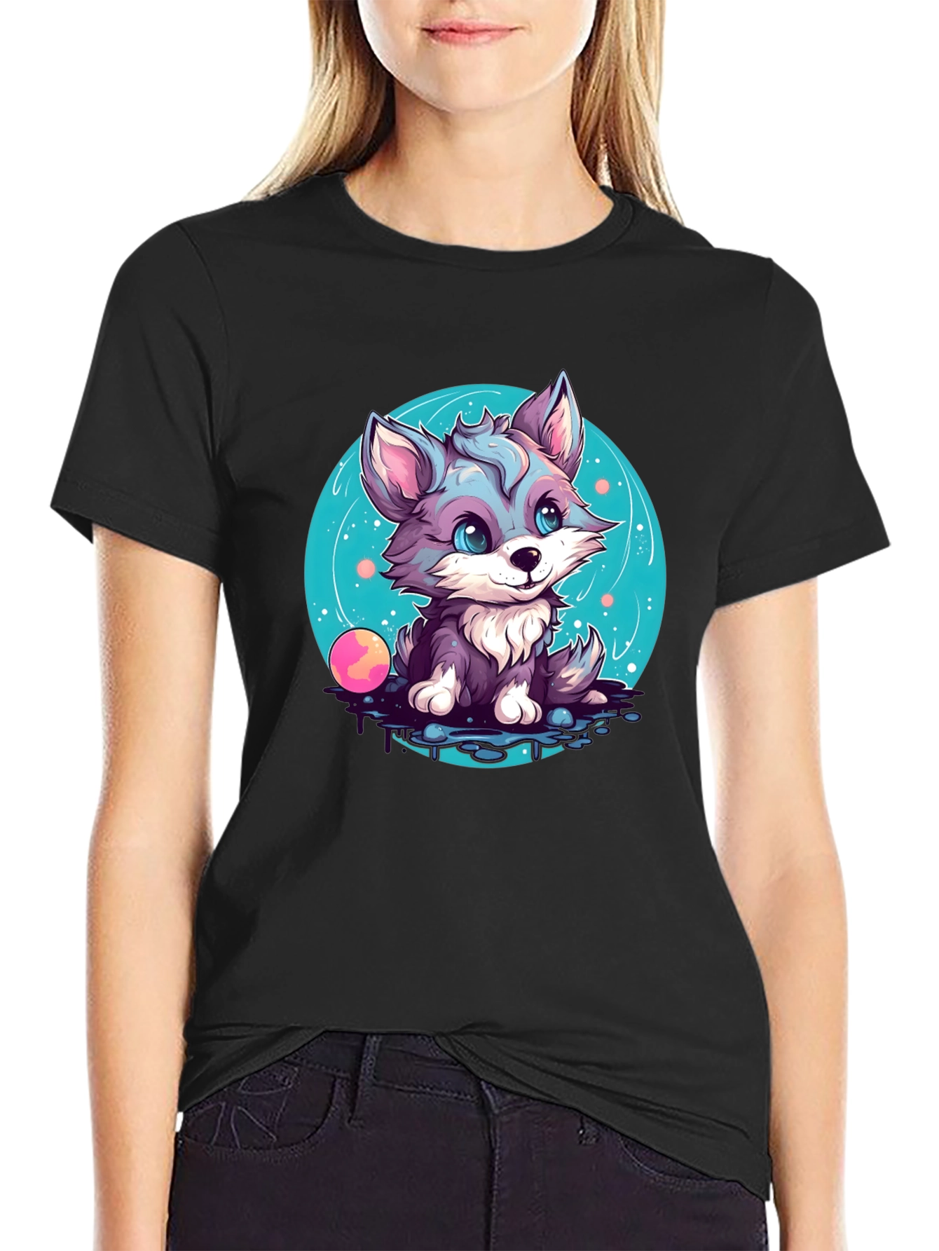 Cute Wolf Pup Graphic Tee - Black Cotton