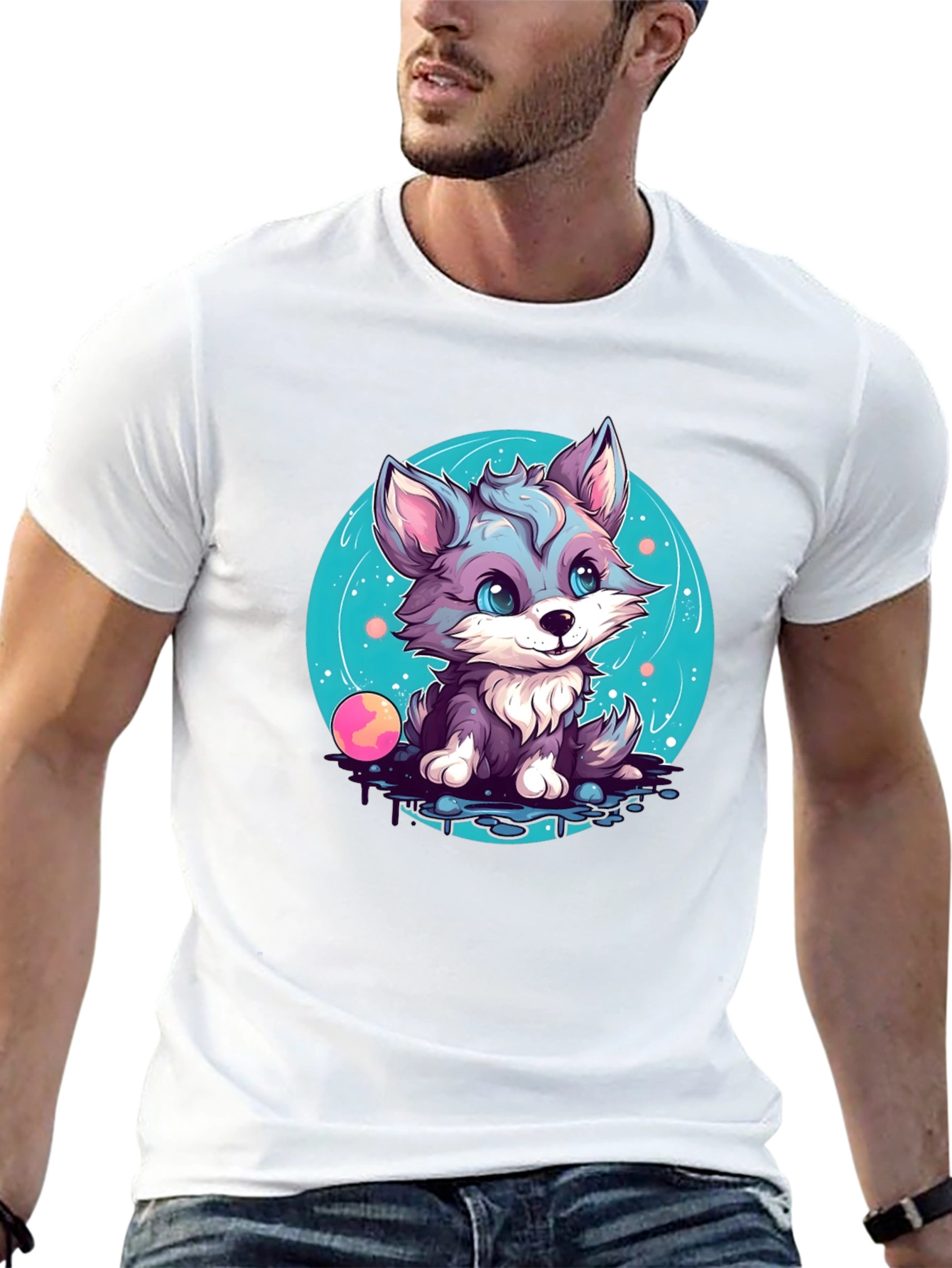 Cute Wolf Pup Graphic Tee - Black Cotton