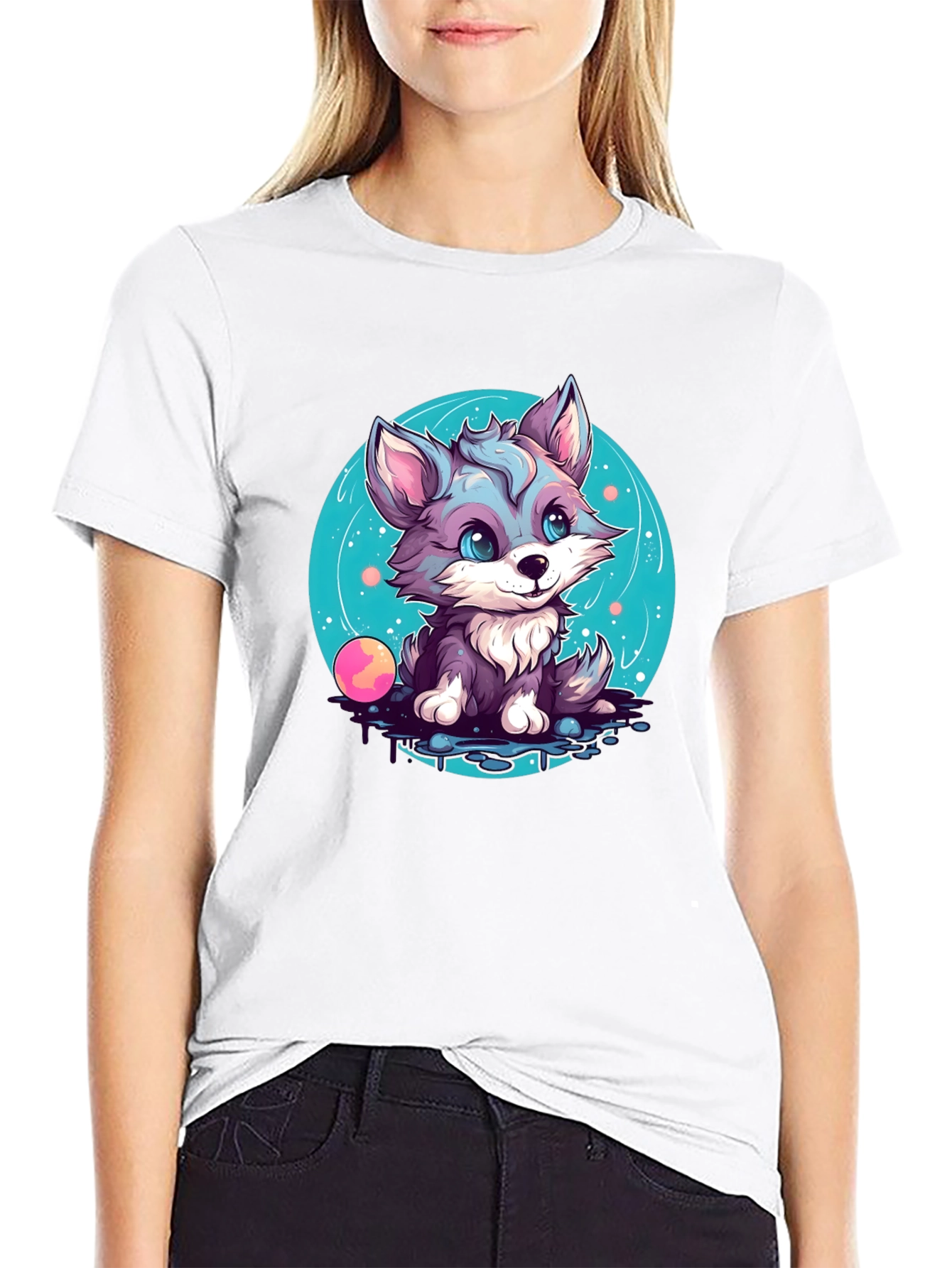 Cute Wolf Pup Graphic Tee - Black Cotton