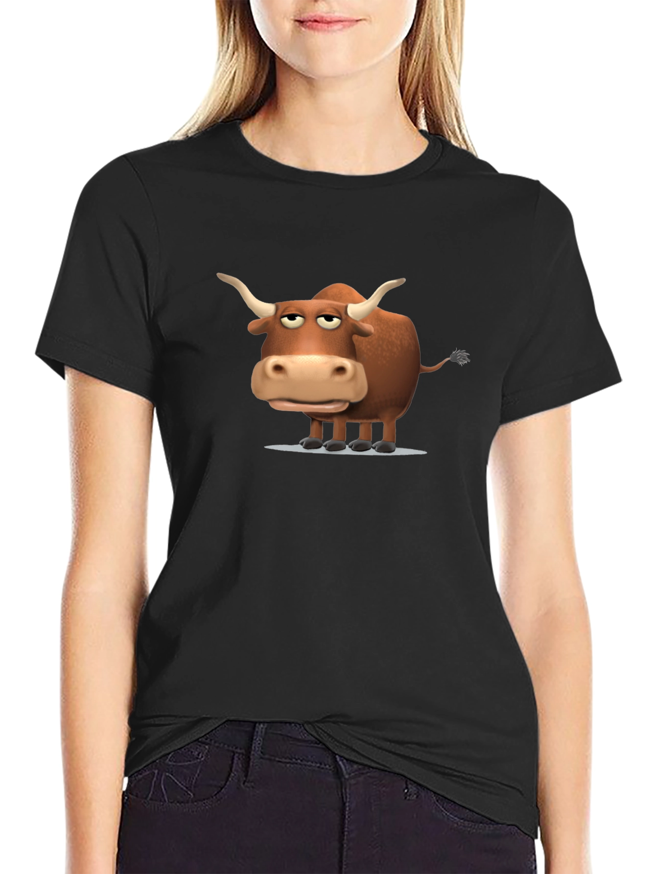 Funny Cartoon Bull Graphic Print Black T-Shirt