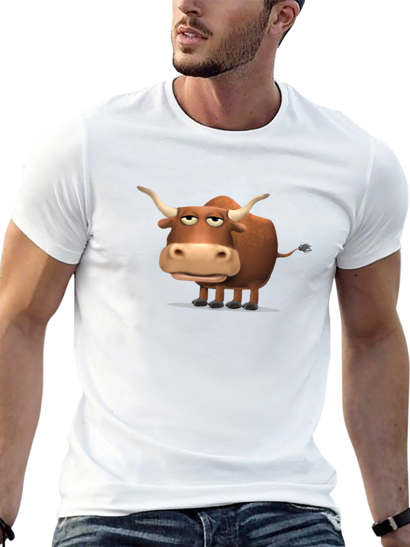 Funny Cartoon Bull Graphic Print Black T-Shirt
