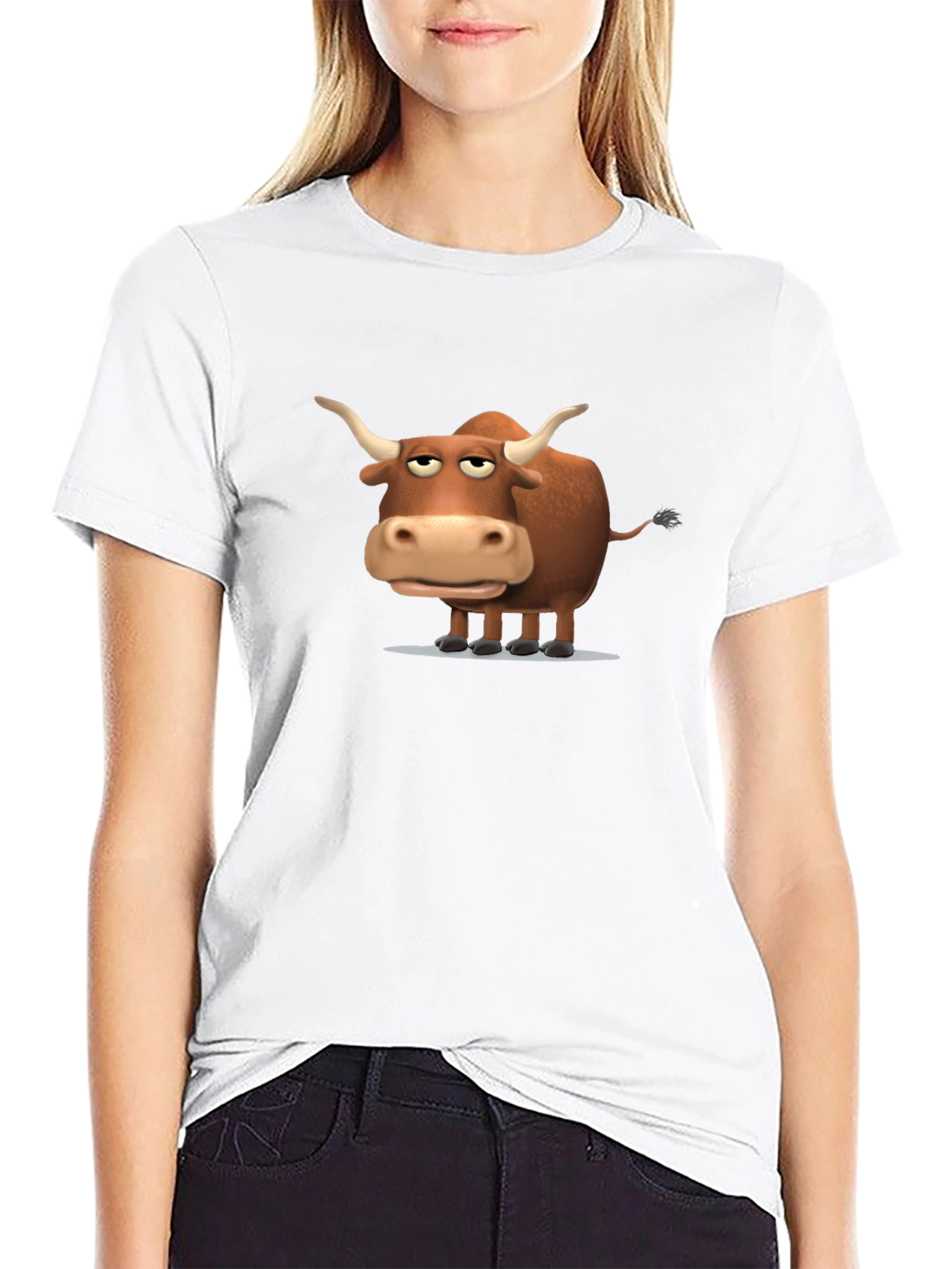 Funny Cartoon Bull Graphic Print Black T-Shirt