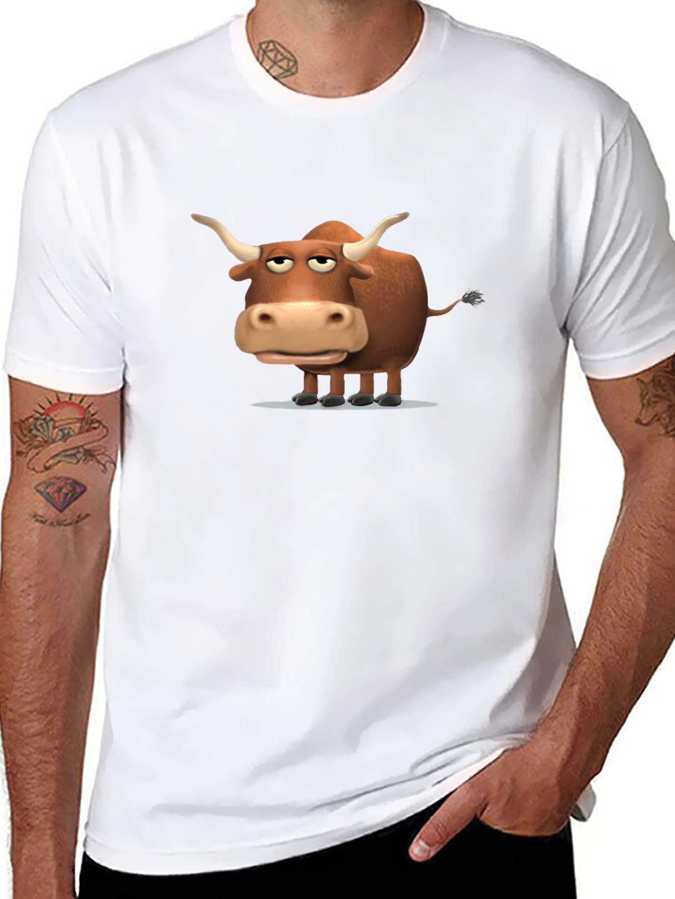 Funny Cartoon Bull Graphic Print Black T-Shirt