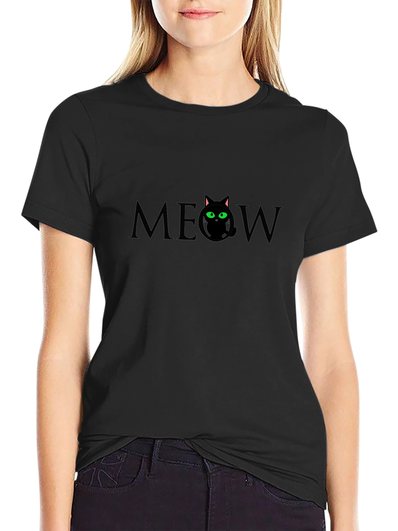 Meow Cat Graphic T-Shirt - Black Cotton Tee