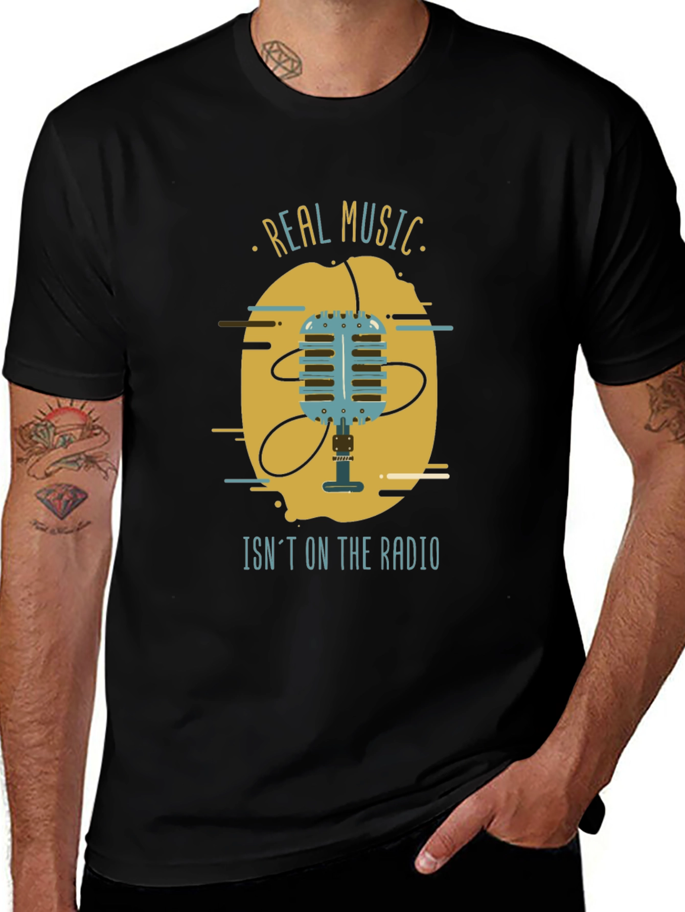 Real Music Mens Black Graphic T-Shirt