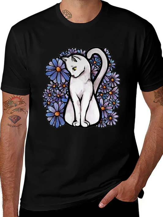 Cat & Daisy Graphic Tee - Mens Black T-Shirt