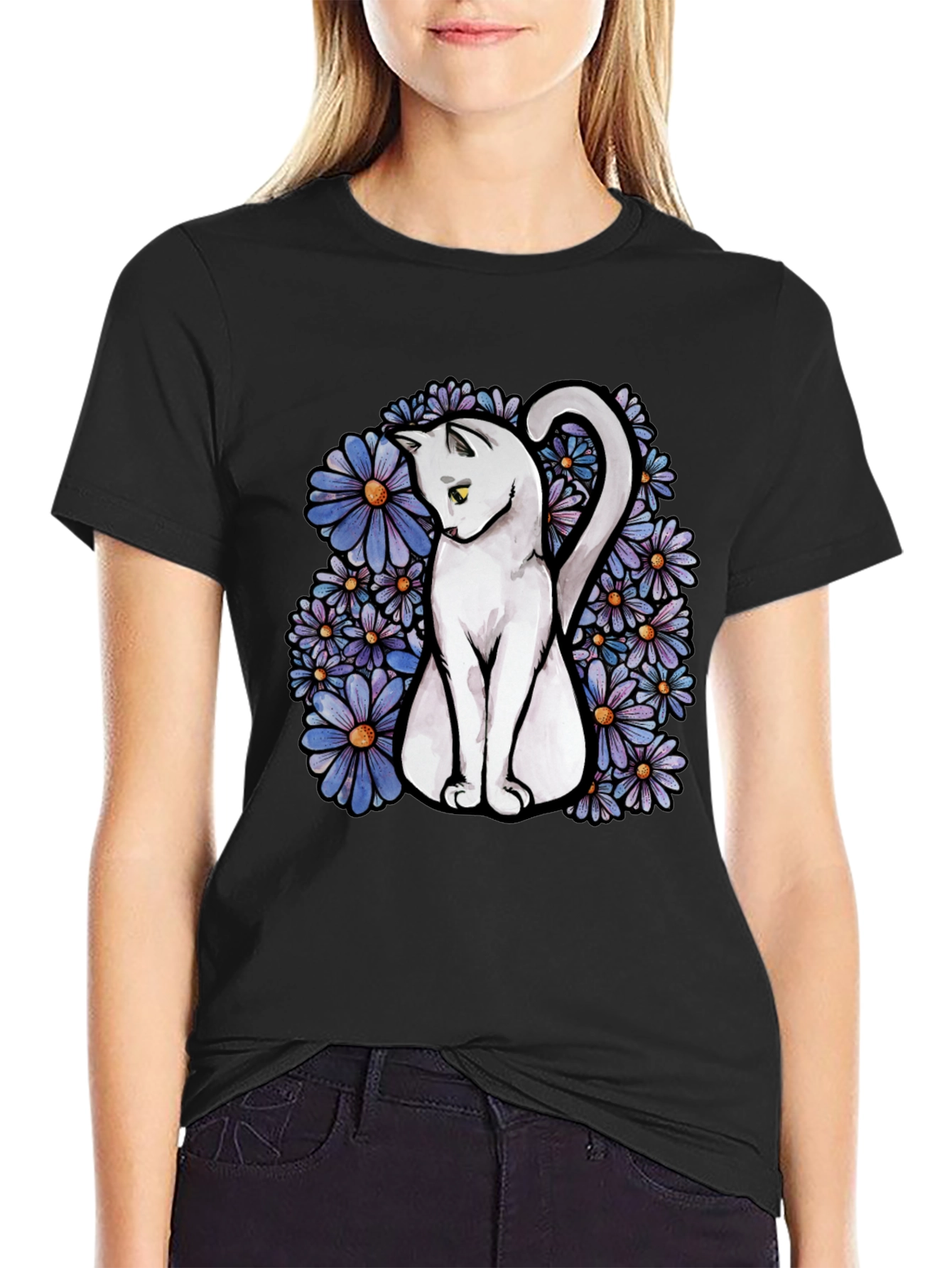 Cat & Daisy Graphic Tee - Mens Black T-Shirt