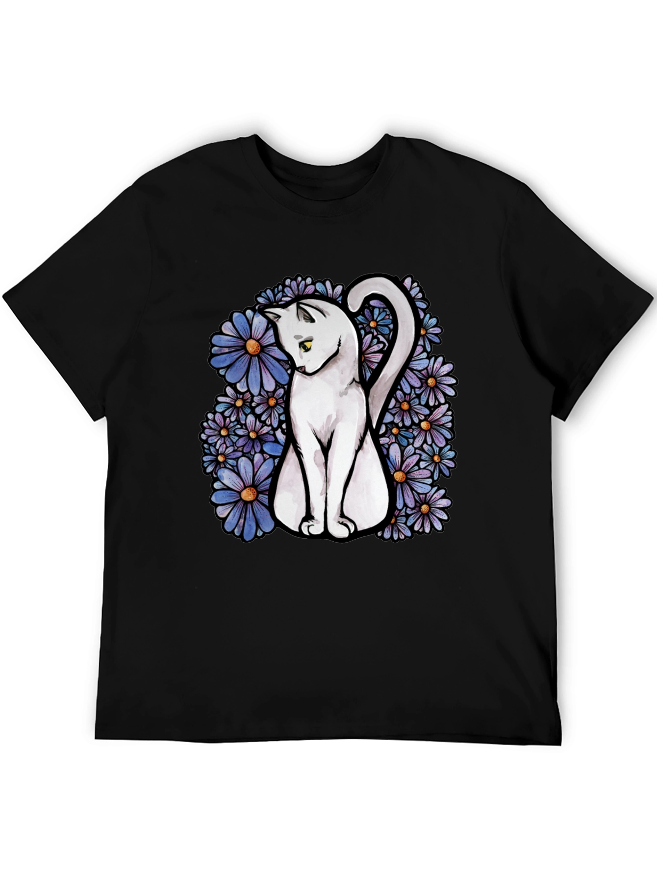 Cat & Daisy Graphic Tee - Mens Black T-Shirt