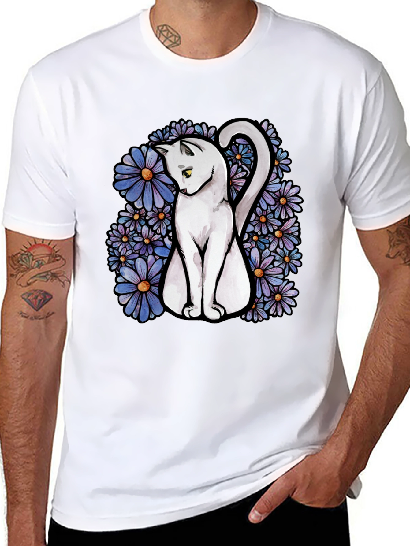 Cat & Daisy Graphic Tee - Mens Black T-Shirt