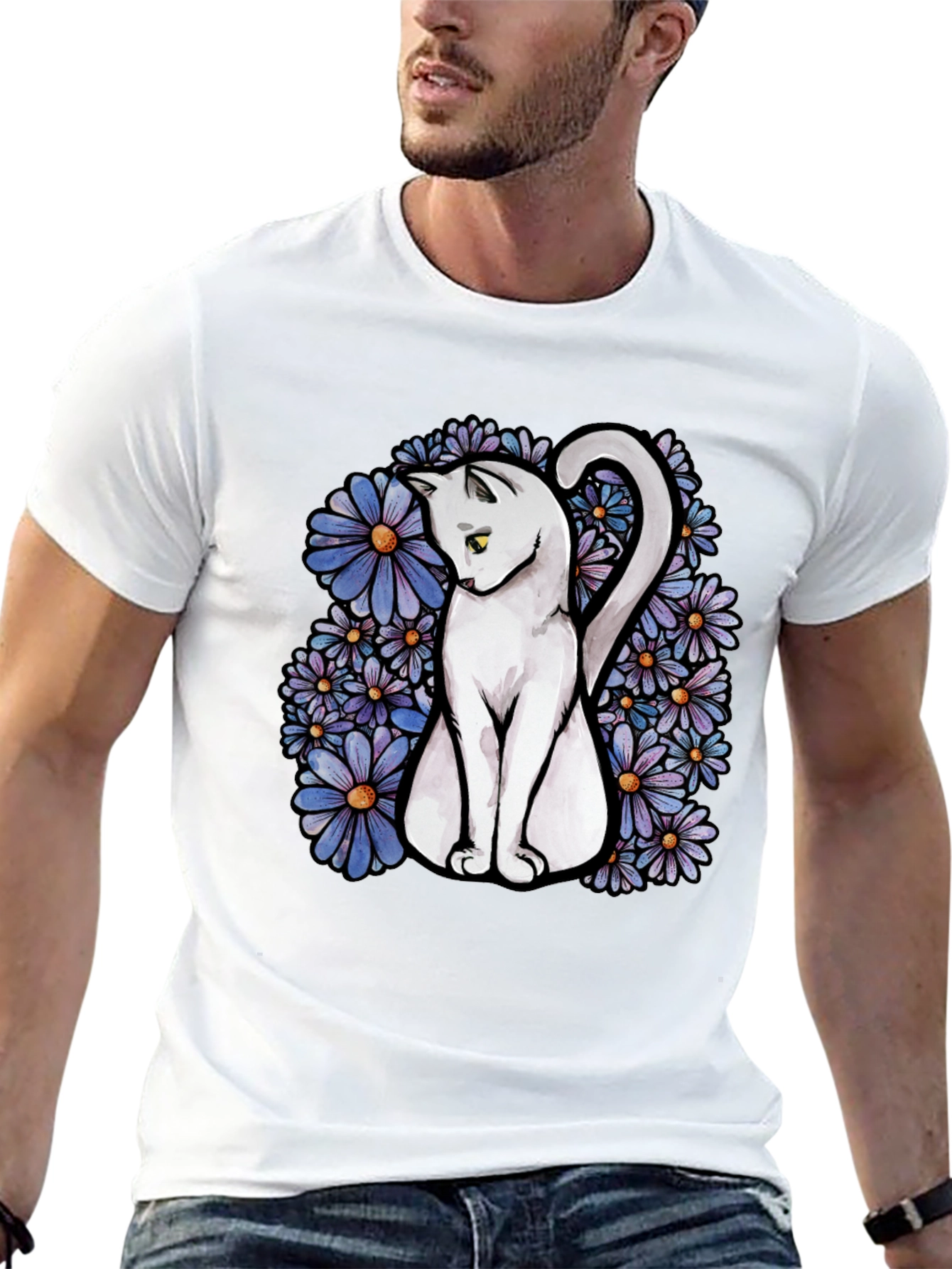 Cat & Daisy Graphic Tee - Mens Black T-Shirt