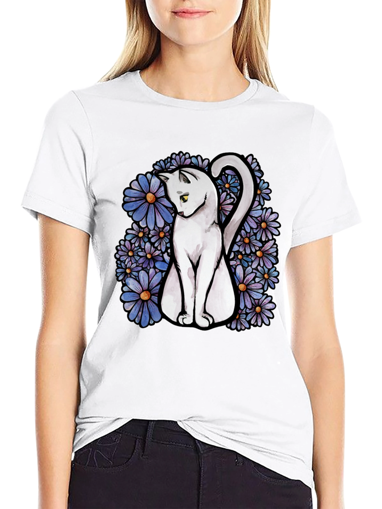 Cat & Daisy Graphic Tee - Mens Black T-Shirt