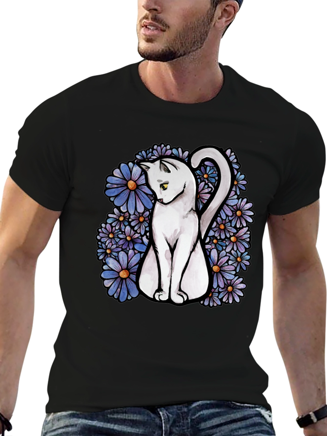 Cat & Daisy Graphic Tee - Mens Black T-Shirt